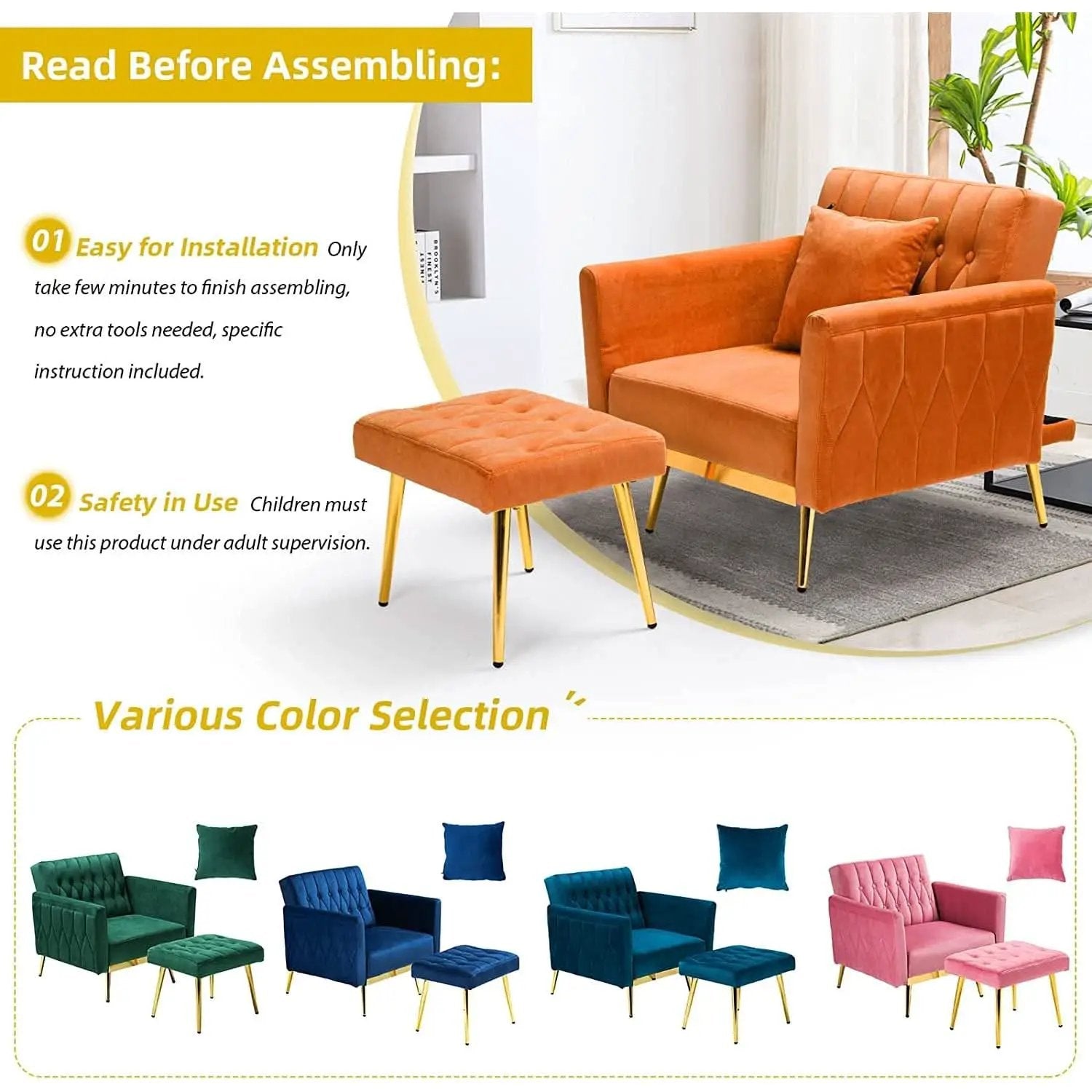 Orange Velvet Accent Chair With Adjustable Armrests And Backrest from PriceLows™