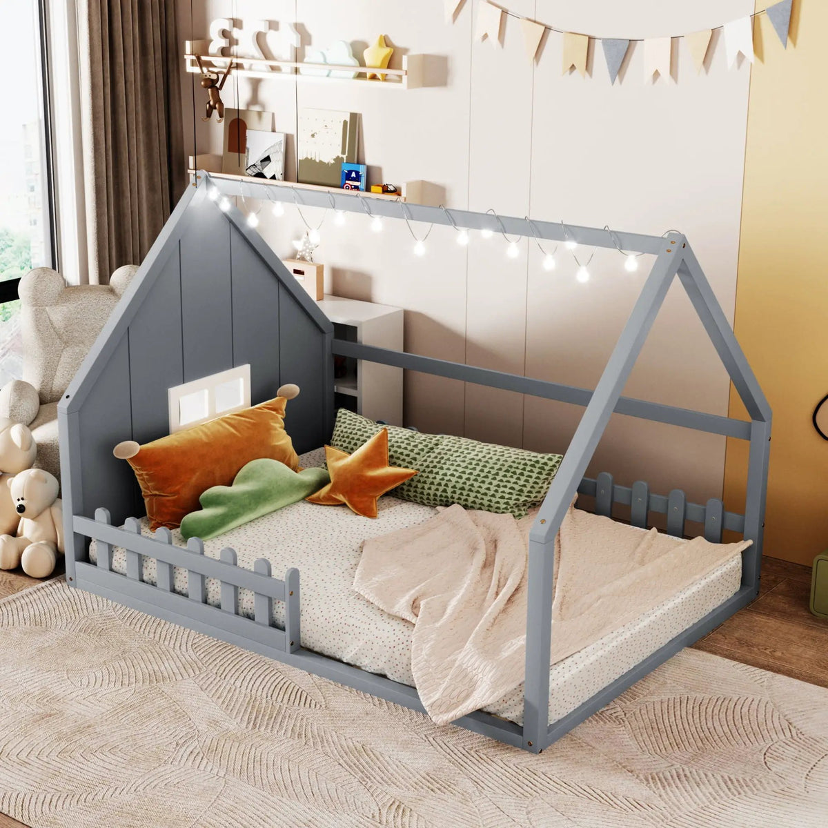 Platform House Bed | Window And Fence Design | Solid Pine Wood | Built-In LED Light