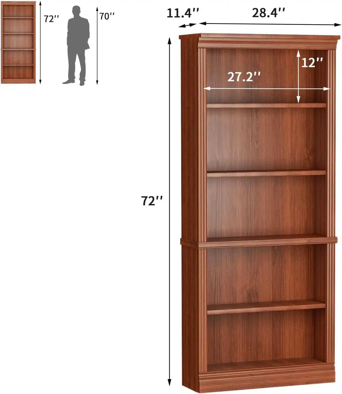 Five Shelf Tall Bookcase 72 Inch Cherry Wood Open Display from PriceLows™