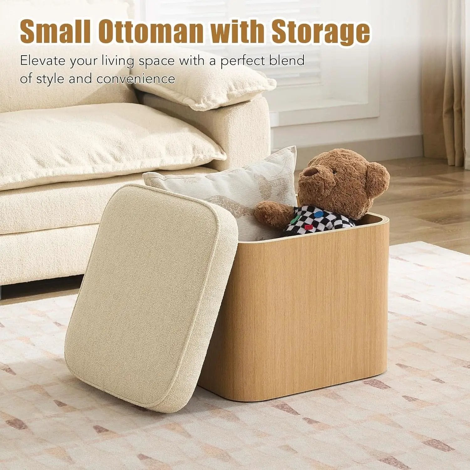 Beige Linen Upholstered Storage Ottoman With Footrest from PriceLows™
