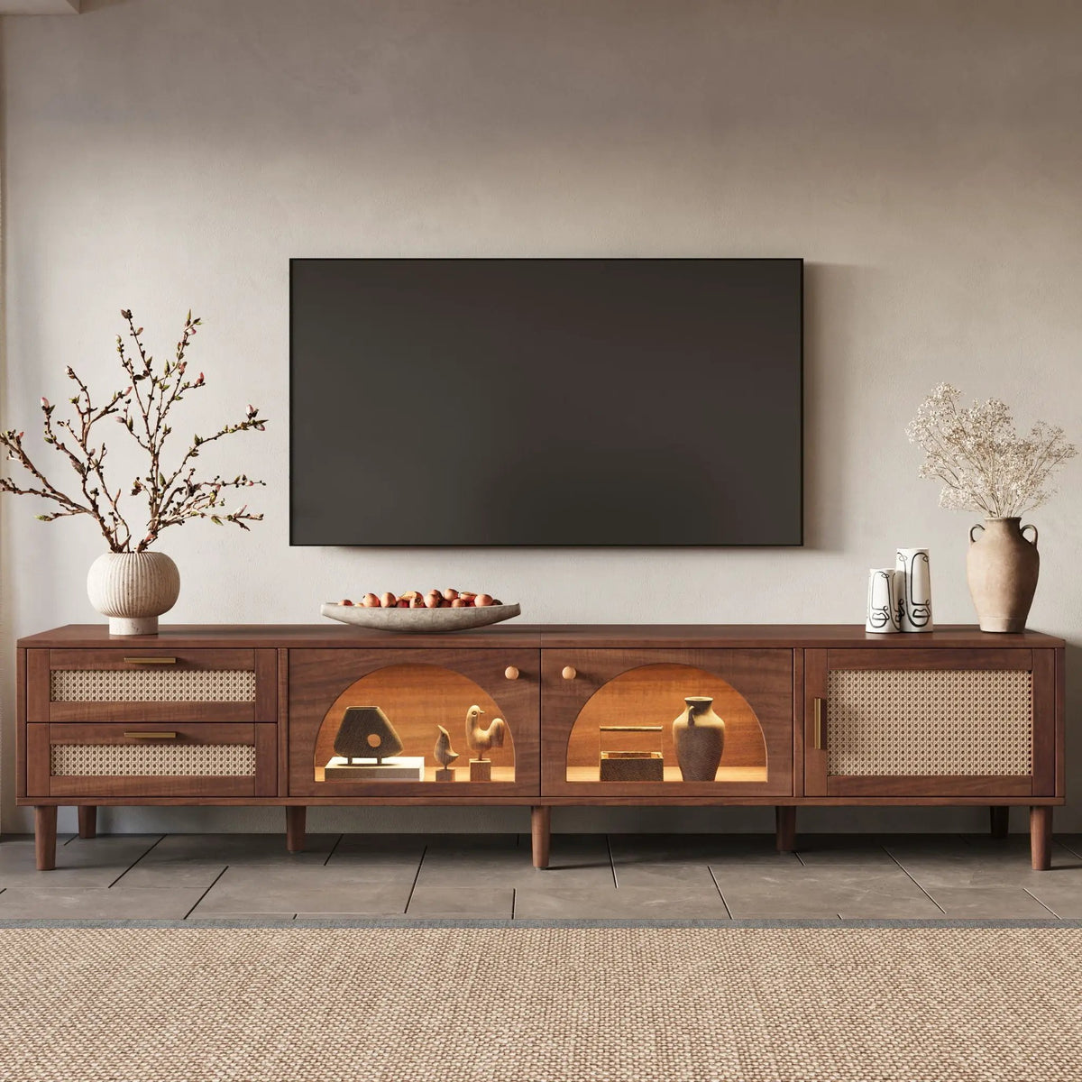 TV Stand | App Controlled LED Lights | Rattan Door Storage | Large TV