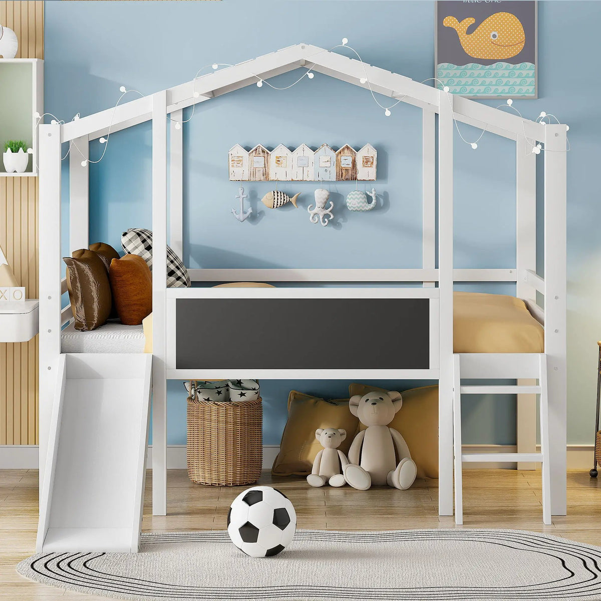Loft House Bed | Ladder And Slide | Roof Light Strip | Safety Guardrail