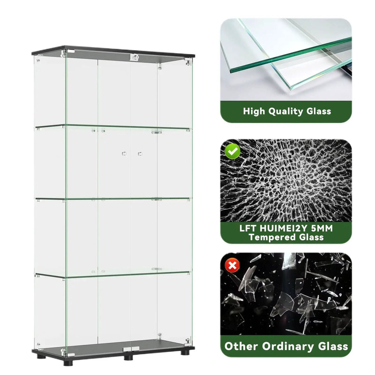 Display Cabinet With Lock | Double Doors | 5mm Tempered Glass Shelves | 50 Lb Shelf Capacity