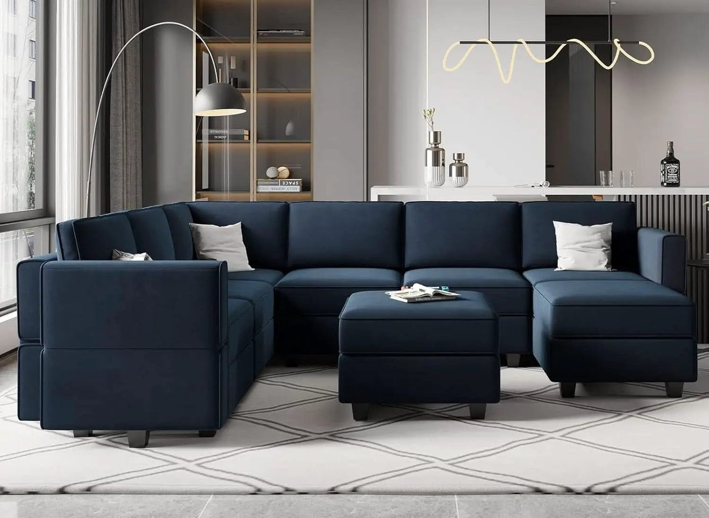 Modular Velvet Sectional Sofa Blue With Storage Ottoman from PriceLows™