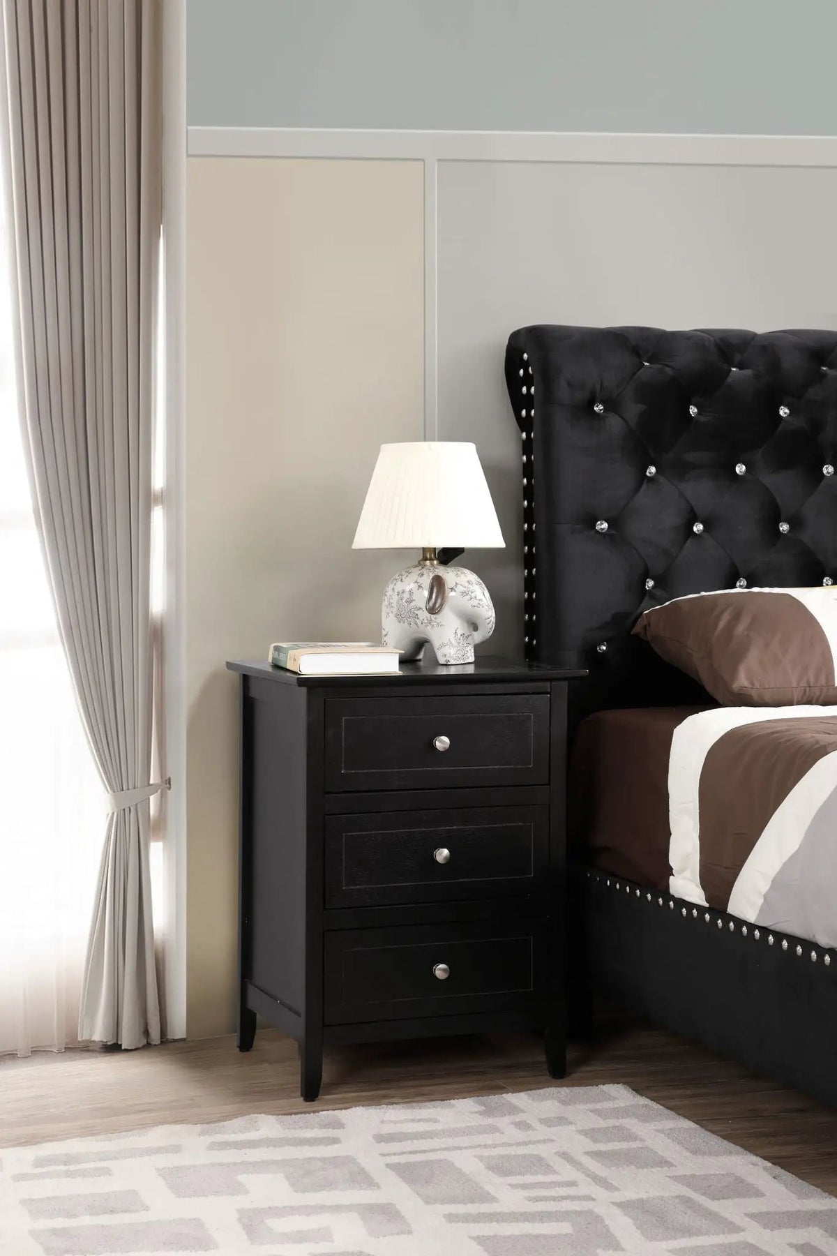 Nightstand | 3 Drawer | Real Wood Veneer | Nickel Hardware