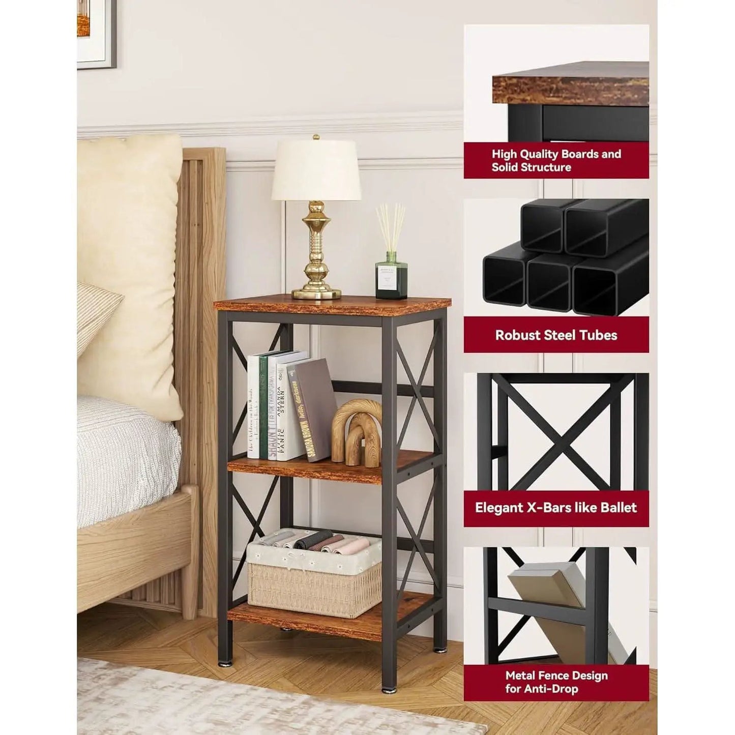 3 Tier Bookcase Industrial Metal Bookshelf With Side Fence in Rustic Brown Living Room Storage Display from PriceLows™