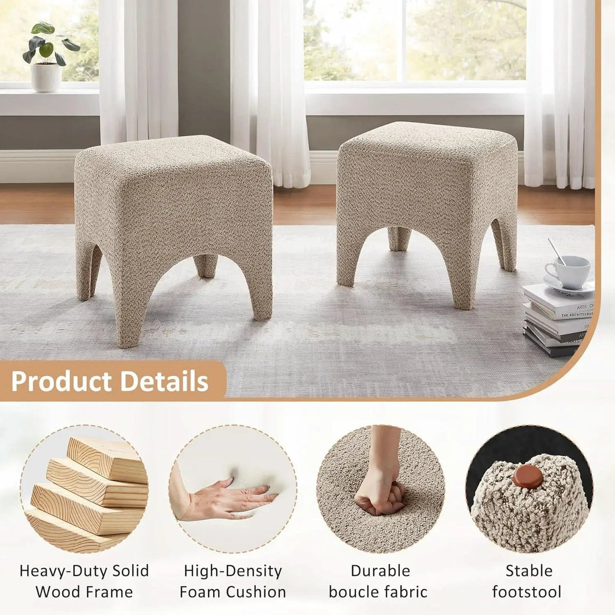 17-Inch Camel Boucle Upholstered Square Ottoman Footstool from PriceLows™