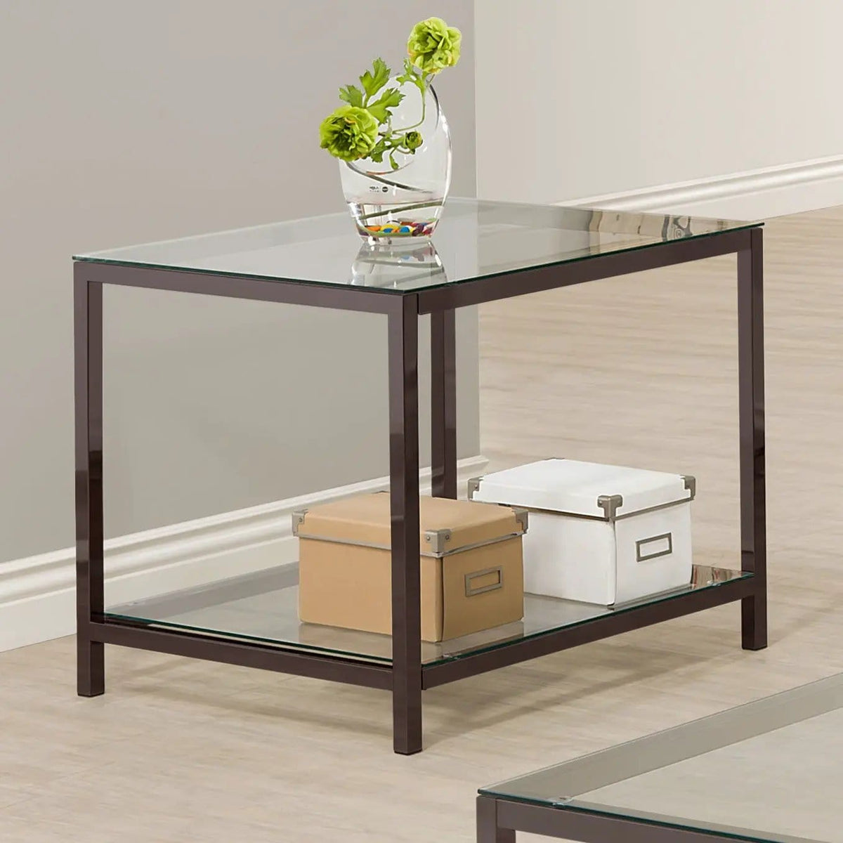 Trini 1-shelf Glass Top Side End Table Black Nickel | 24 x 26 x 23 in | Tempered Glass & Steel | Living Room