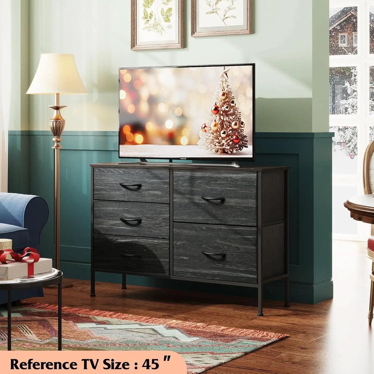 Fabric Dresser With 5 Drawers Charcoal Black Wood Grain from PriceLows™