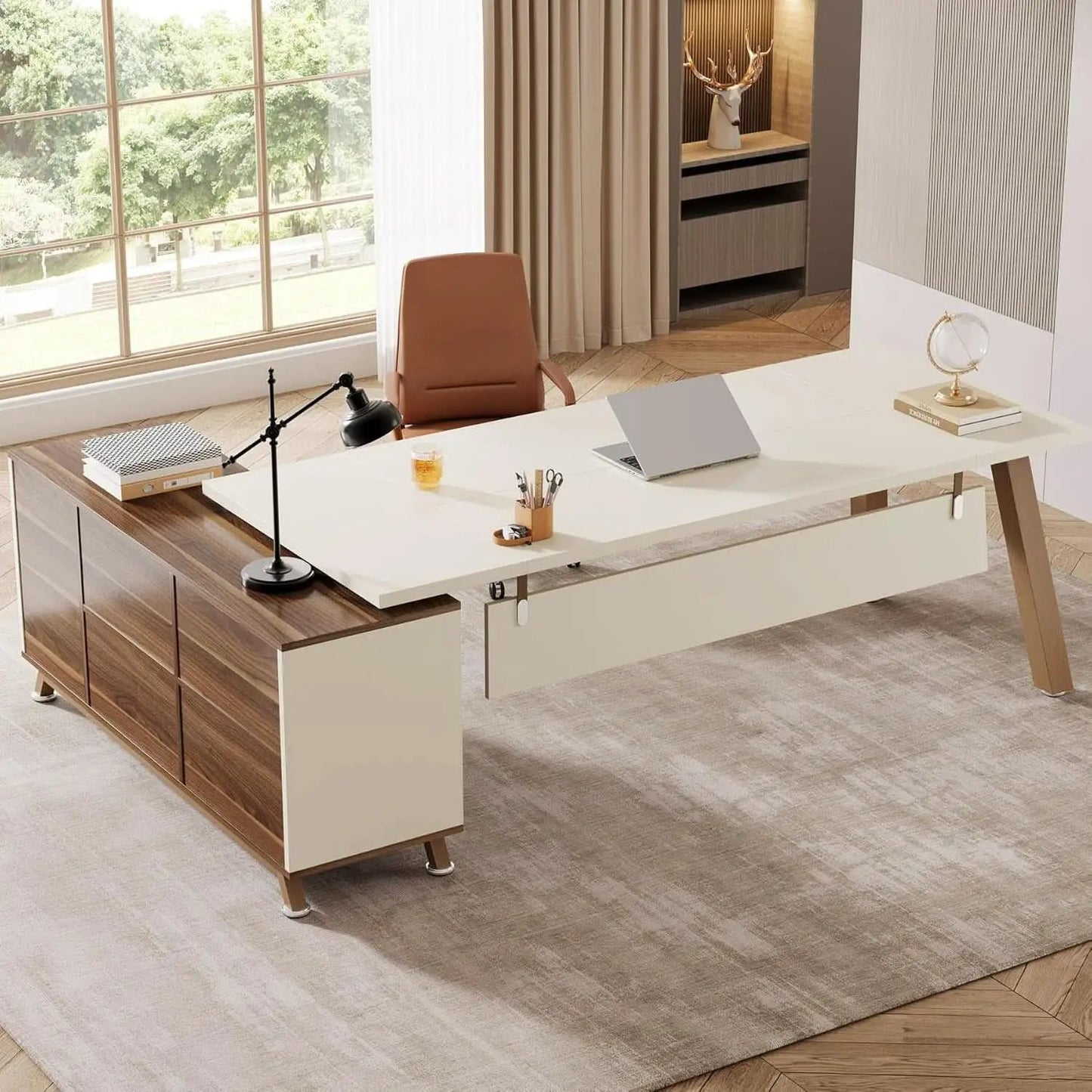 71 Inch Walnut White L Shaped Desk With 55 Inch Cabinet from PriceLows™