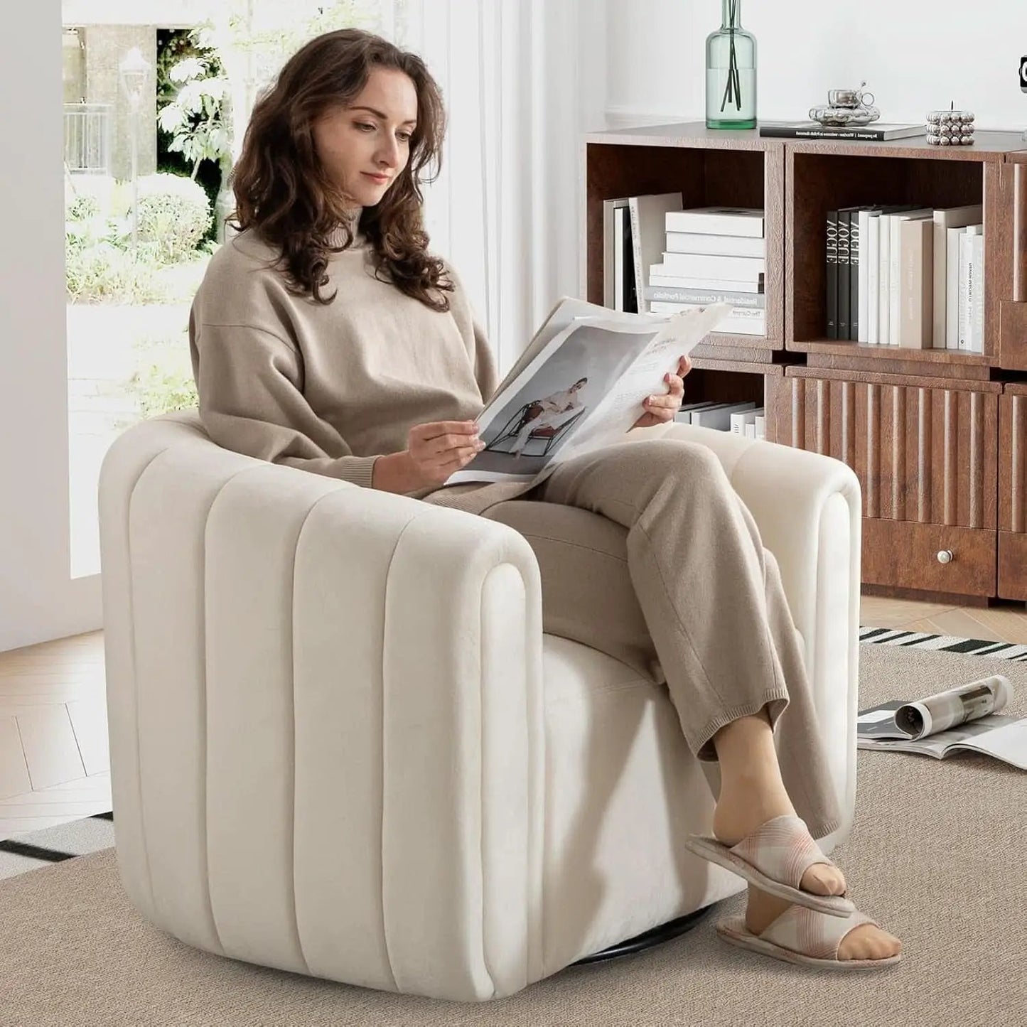 Beige Velvet Barrel Swivel Chair With LumbarPillow from PriceLows™
