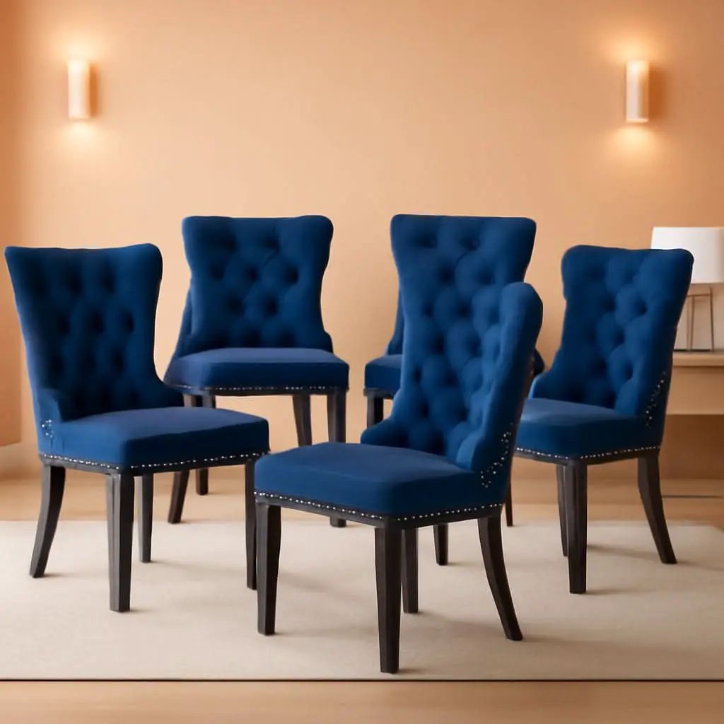Blue Velvet Upholstered Dining Chairs Set Of 6 Studded from PriceLows™