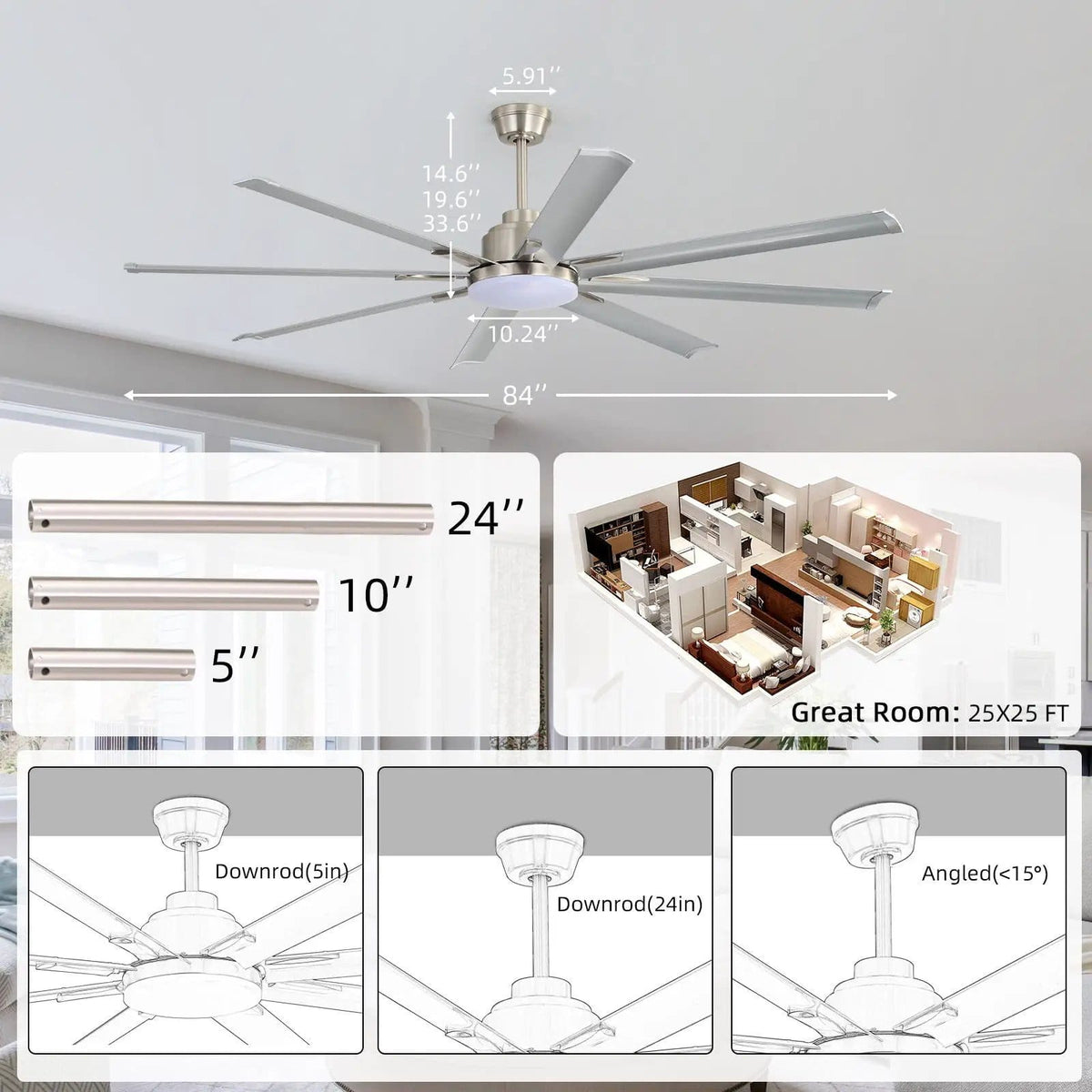 DC Motor Ceiling Fan With Dimmable Light And 8 Blade Aluminum Blades Nickel | 84 x 84 x 10.55 in | Aluminum | Home