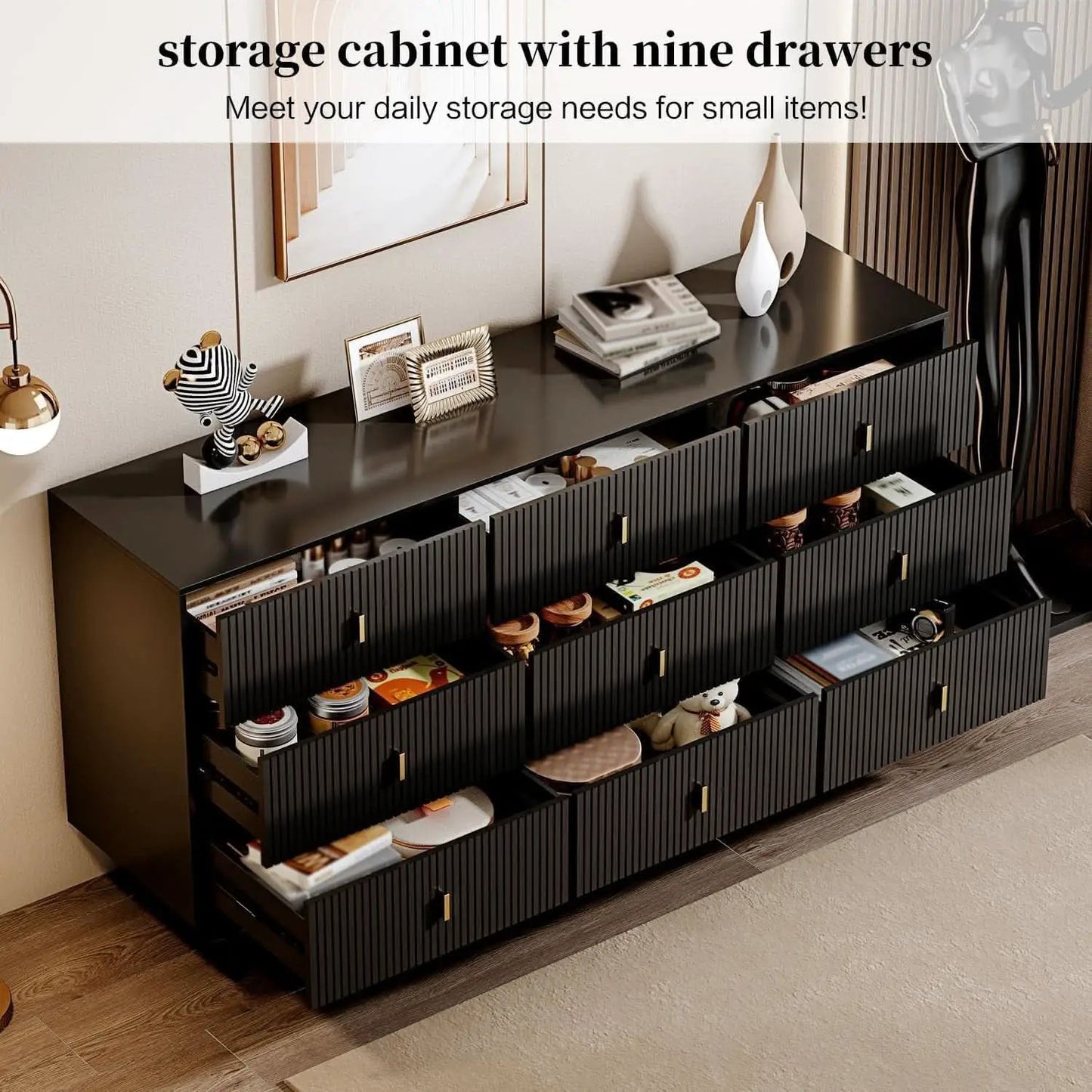 Matte Black Nine Drawer Organization Storage Cabinet from PriceLows™