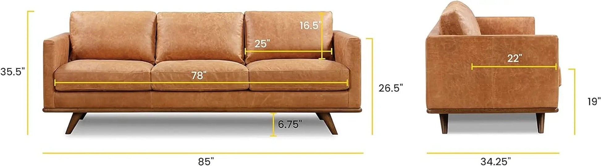Nolita 85 Inch Cognac Tan Full Grain Pure Aniline Leather Sofa from PriceLows™