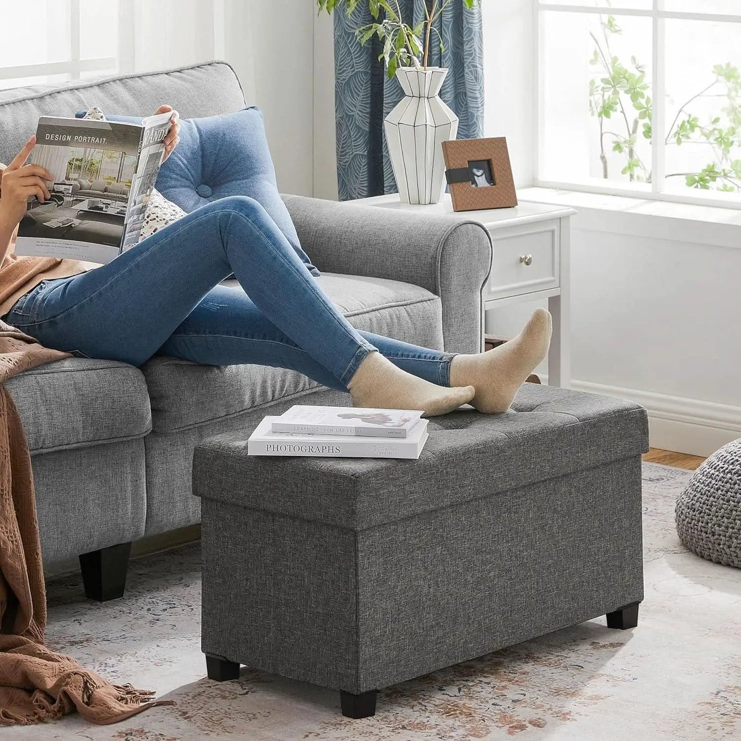Slate Gray Storage Ottoman Bench 15x30x15.2 Inches from PriceLows™