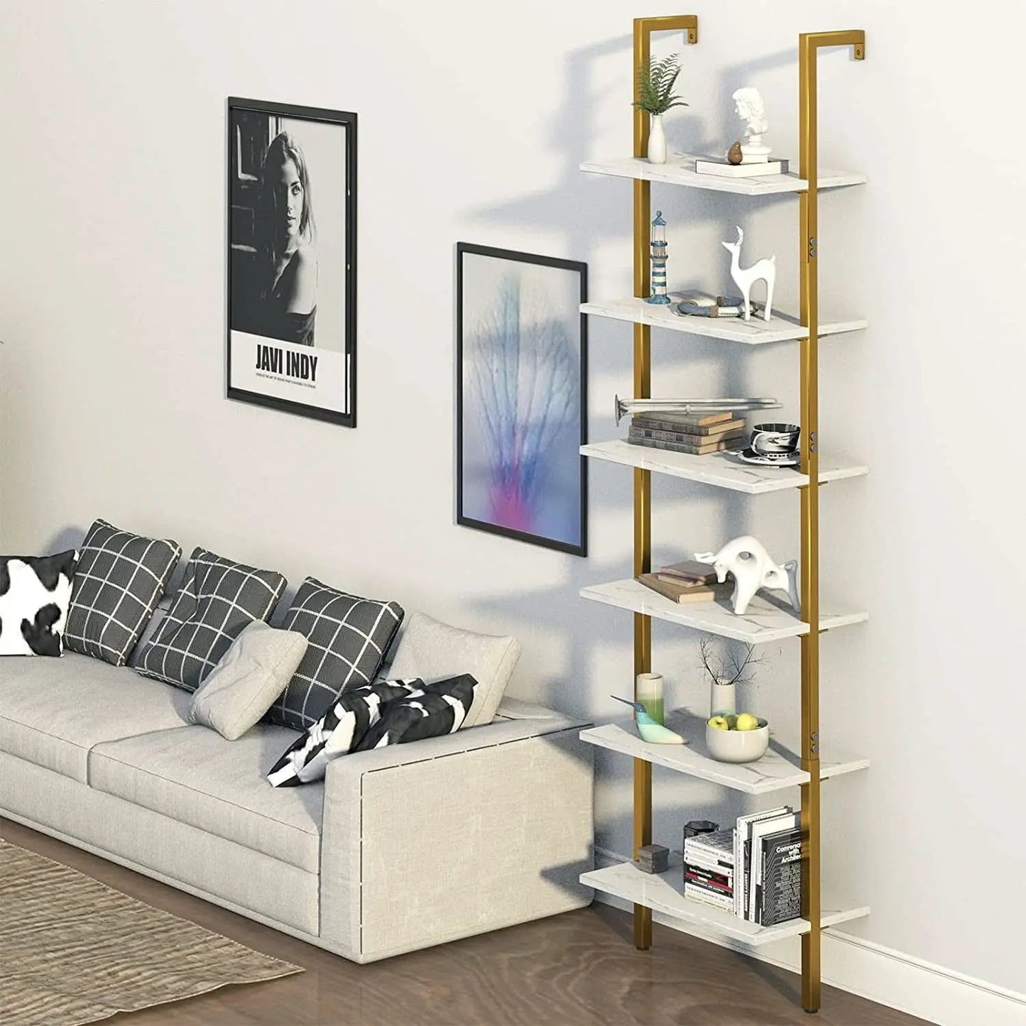 Marble White 6 Tier Ladder Shelf Bookcase Wall Mounted from PriceLows™