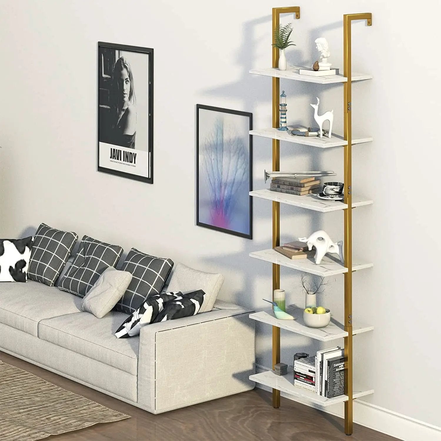 Marble White 6 Tier Ladder Shelf Bookcase Wall Mounted from PriceLows™