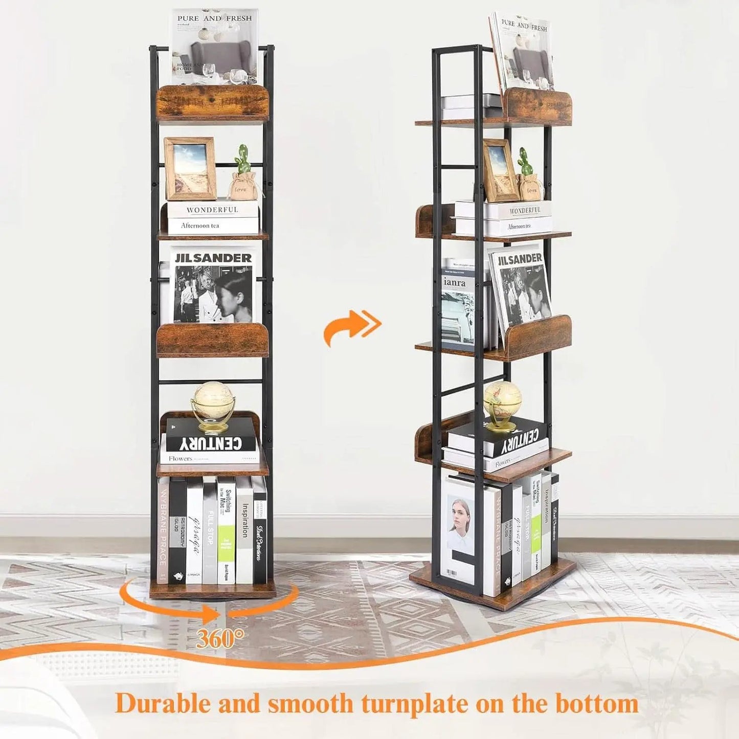 Black 5-Shelf 360 Degree Rotating Corner Bookshelf Tower from PriceLows™