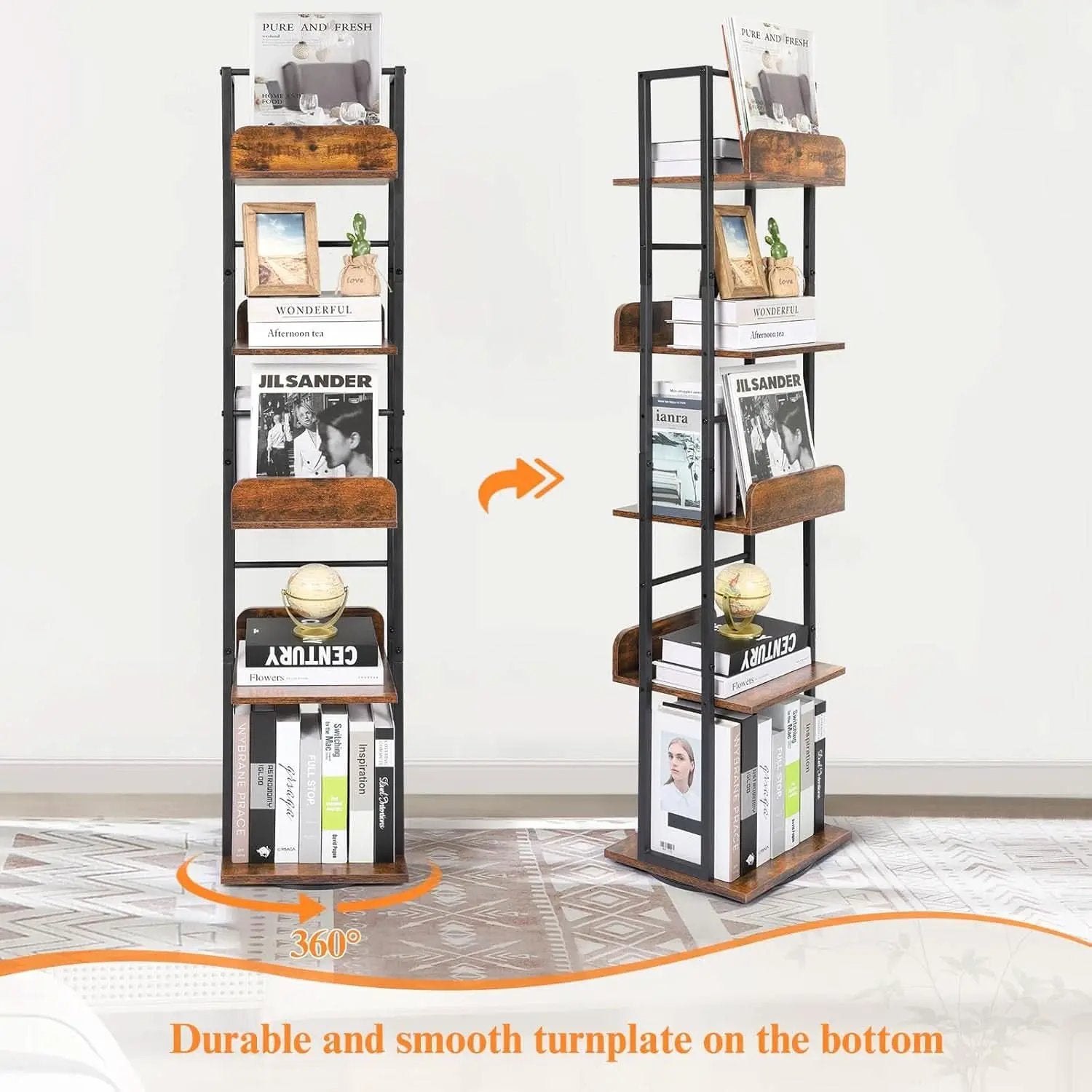 Black 5-Shelf 360 Degree Rotating Corner Bookshelf Tower from PriceLows™