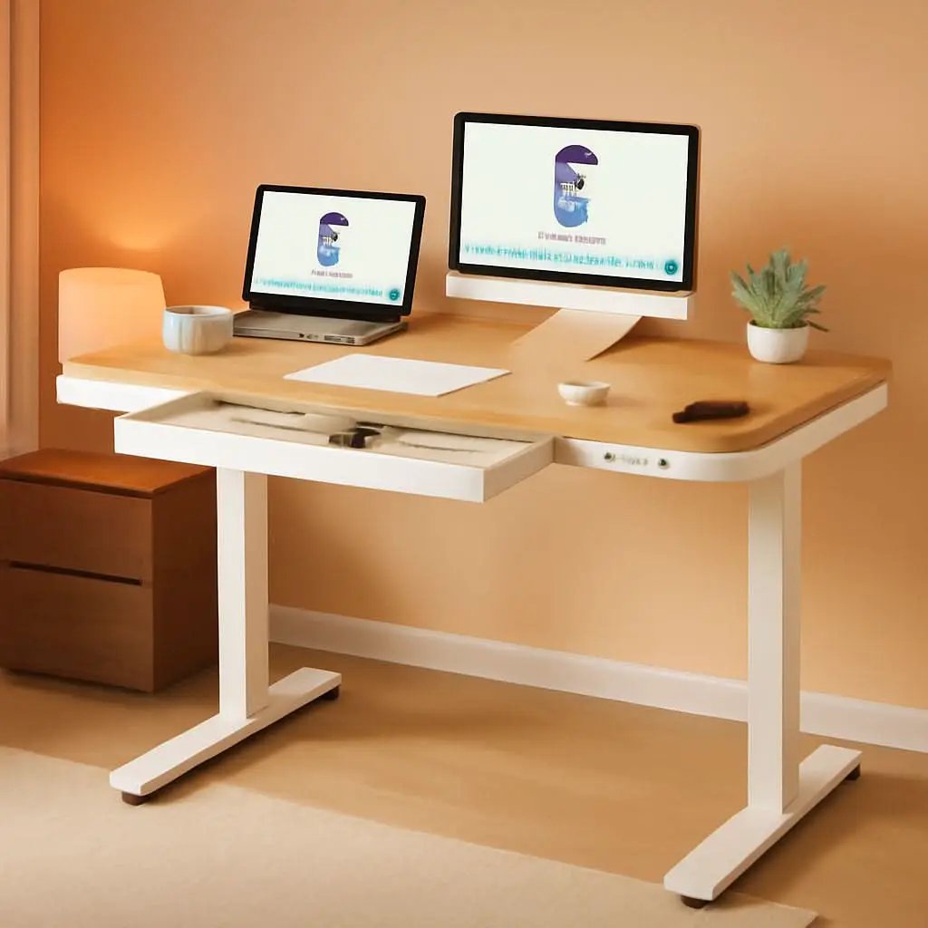Electric Standing Desk USB Ports And Drawer Bamboo White from PriceLows™