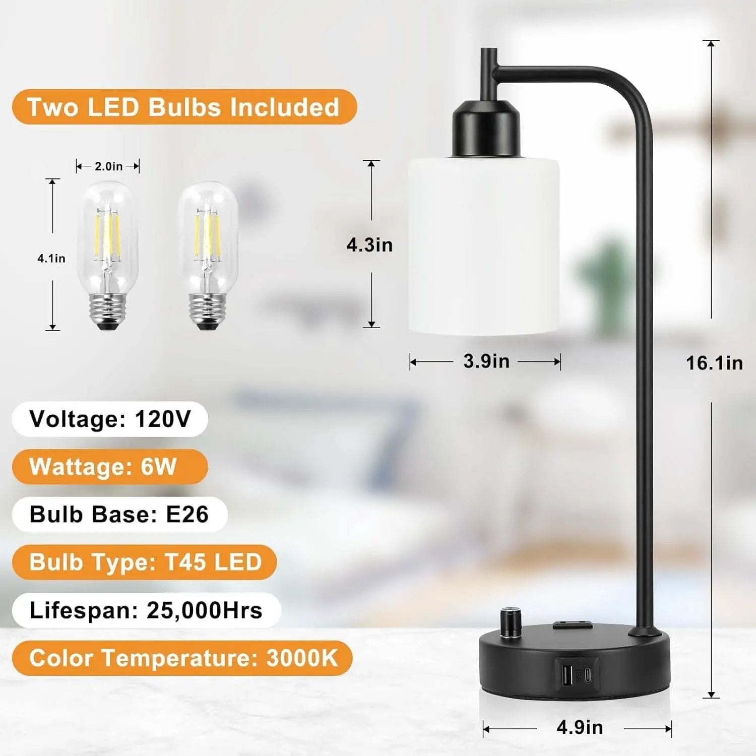 Industrial Black Dimmable Bedside Lamps With USB Ports from PriceLows™