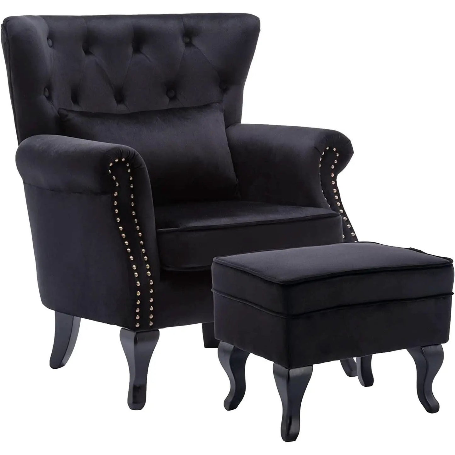 Elegant Black Velvet Wingback Chair With Ottoman Set from PriceLows™