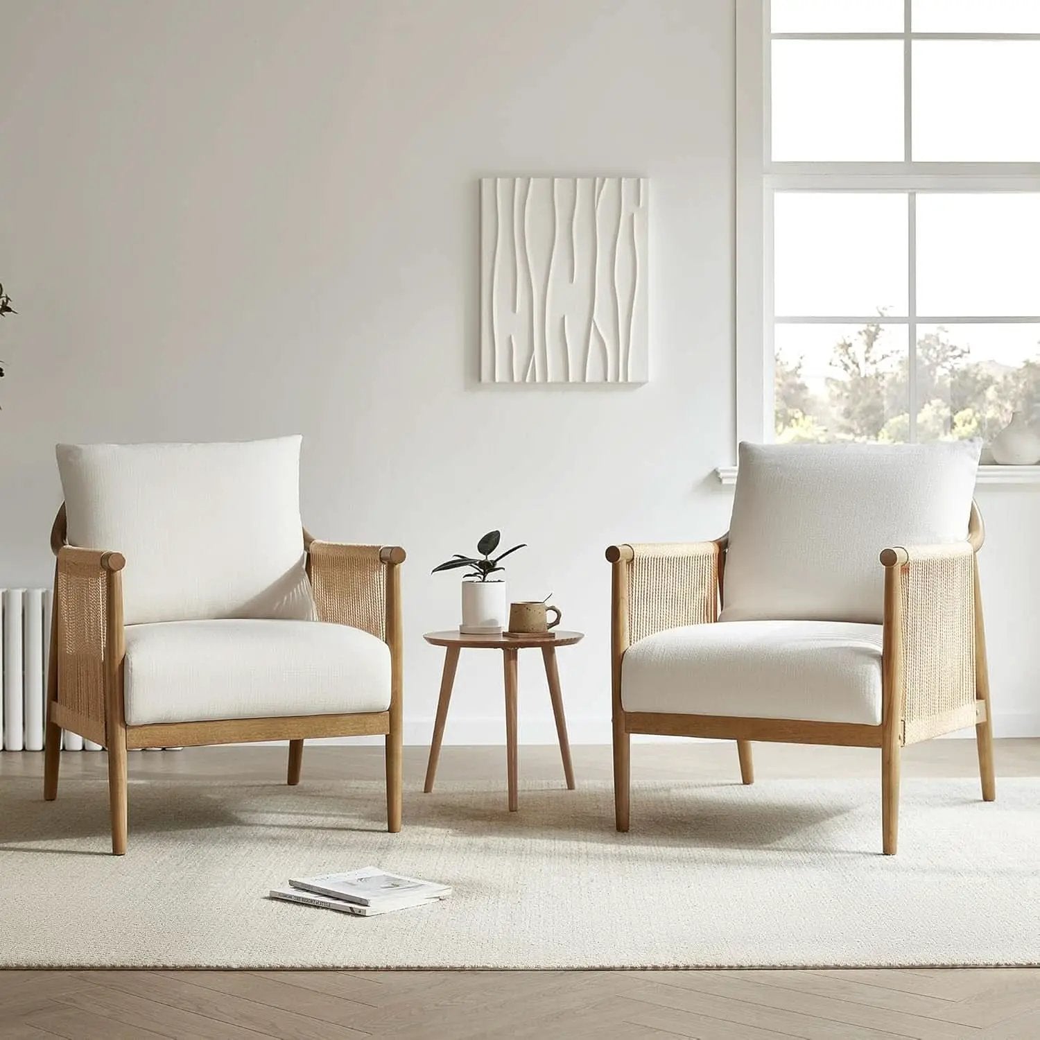 Cream Braided Accent Armchair With Wooden Armrests from PriceLows™