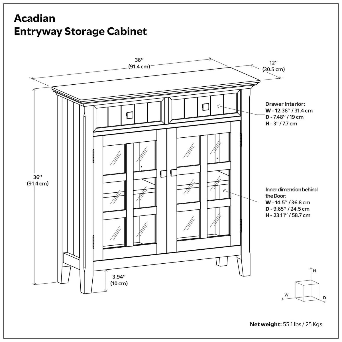 Acadian Entryway Storage Cabinet | Handcrafted Solid Wood | Two Drawers | Tempered Glass Doors