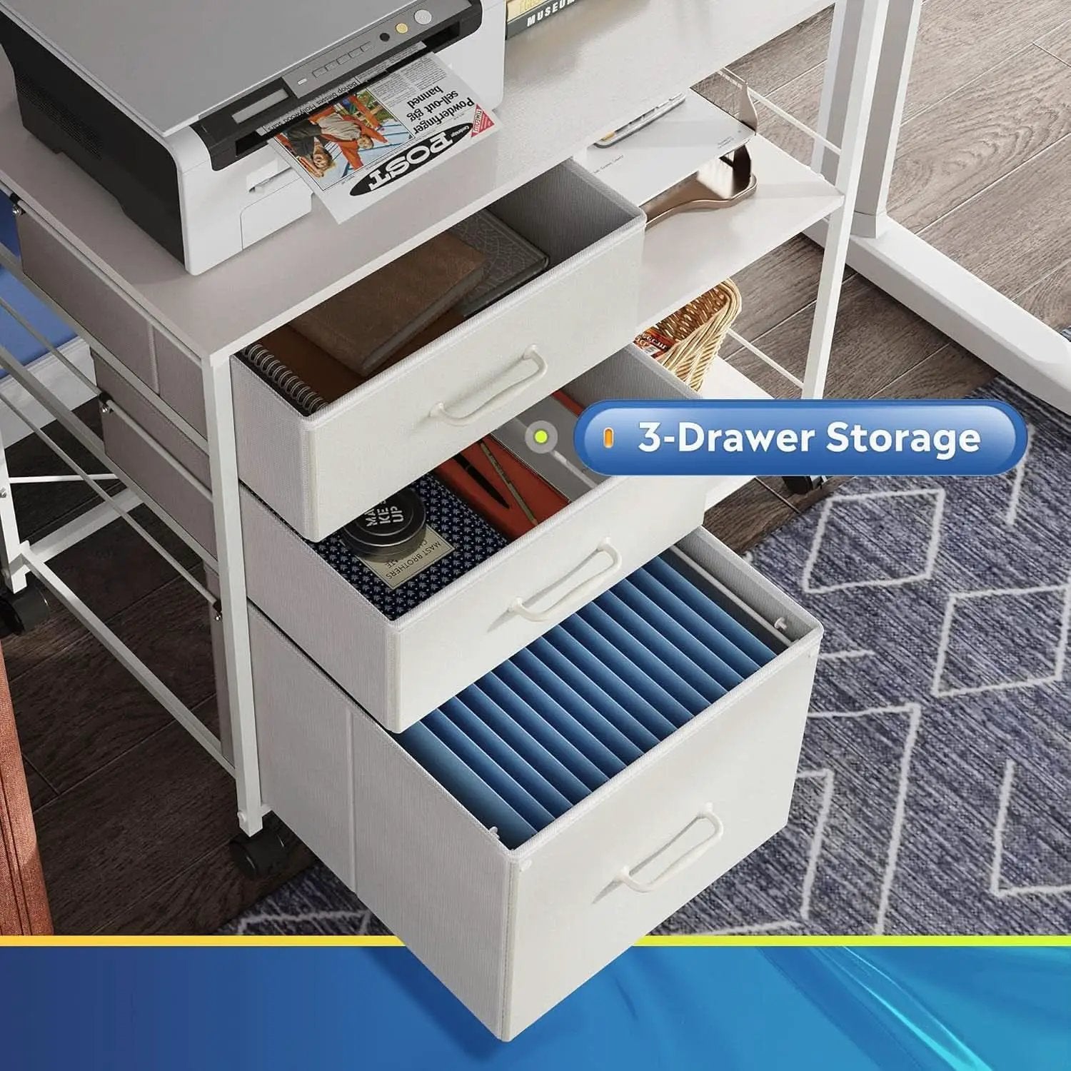 3 Drawer Mobile File Cabinet With Rolling Printer Stand And Open Storage Shelf White from PriceLows™