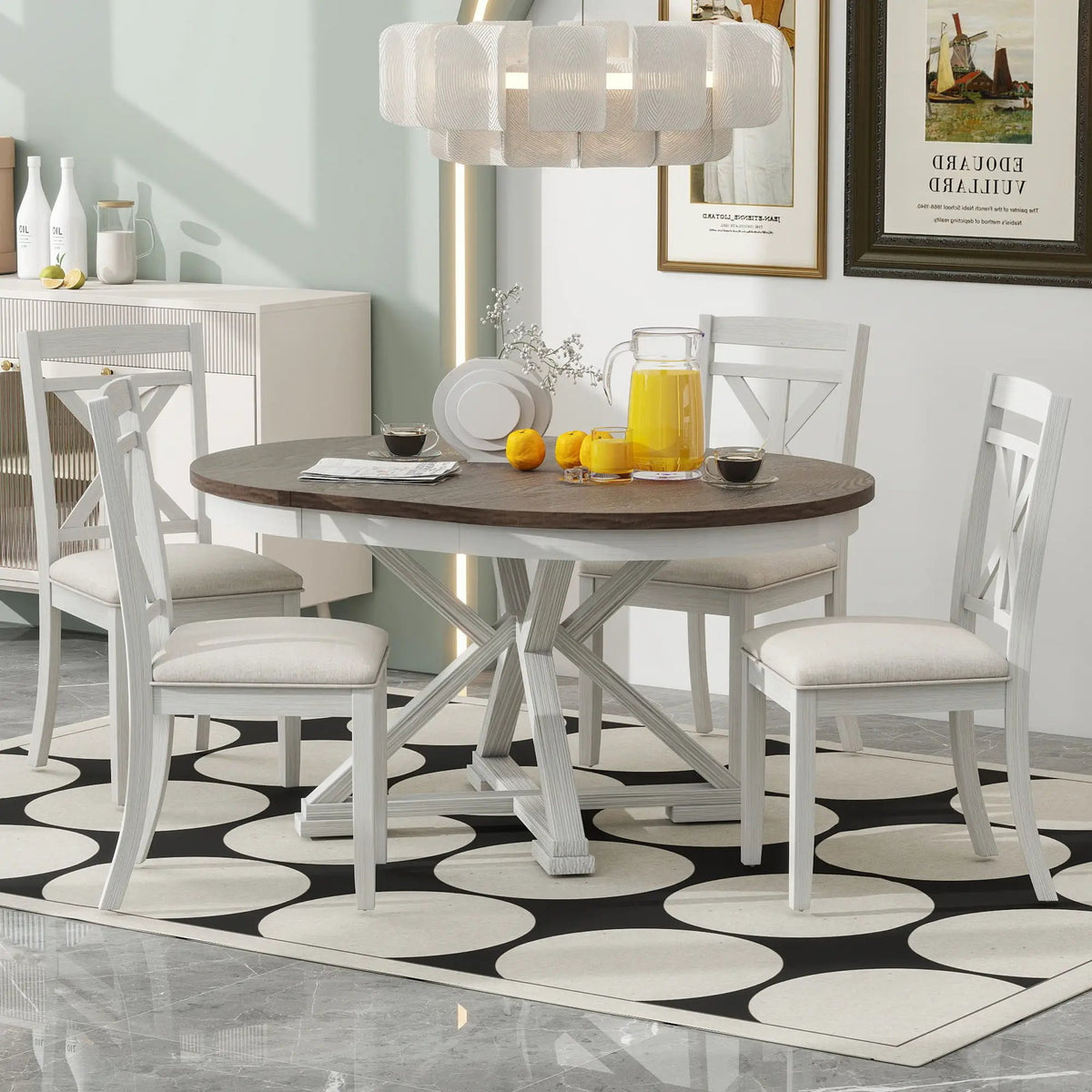 Dining Set | Extendable Round Table | 4 Upholstered Chairs | Linen