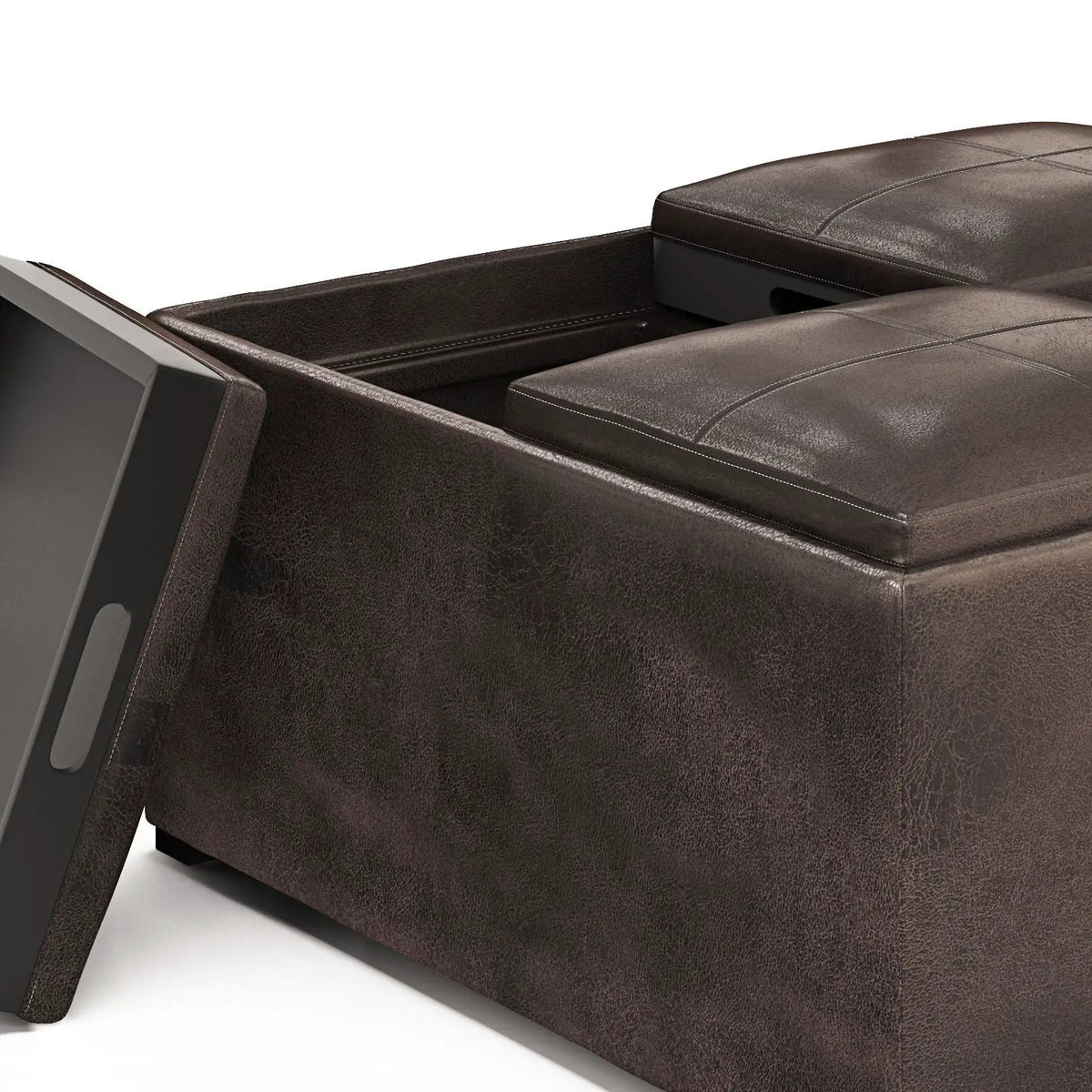 Avalon Upholstered Storage Ottoman | Vegan Leather | Four Flip Over Serving Trays | 35 Inch Width