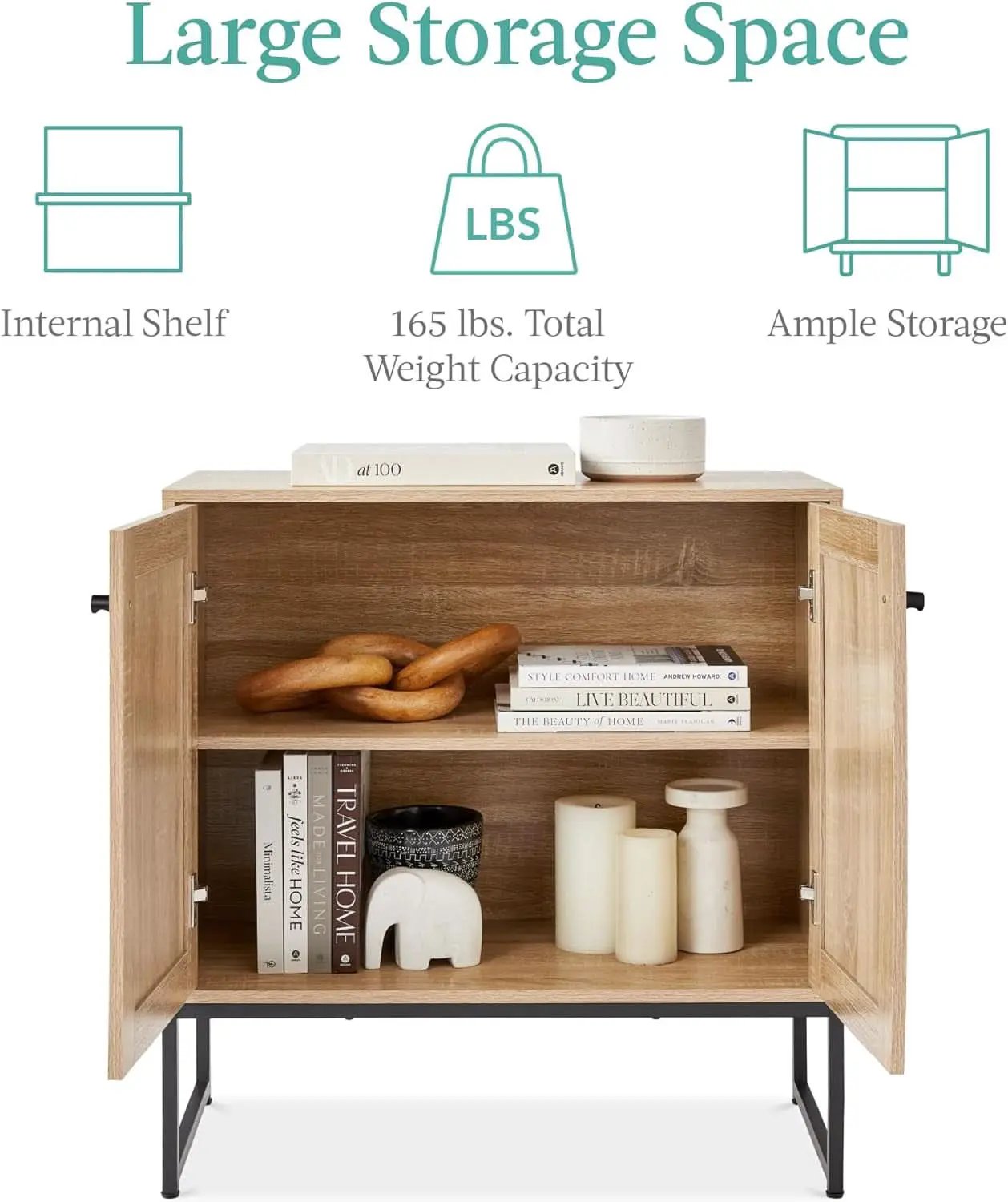 Two Door Rattan Storage Cabinet Natural Finish With Non Scratch Foot Pads For Living Room Hallway Kitchen from PriceLows™