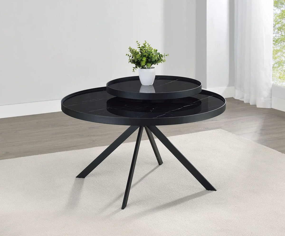 Briggs Round Marble Printed Glass Top Coffee Table | 35.75 x 35.75 x 23 in | Marble & Tempered Glass | Black