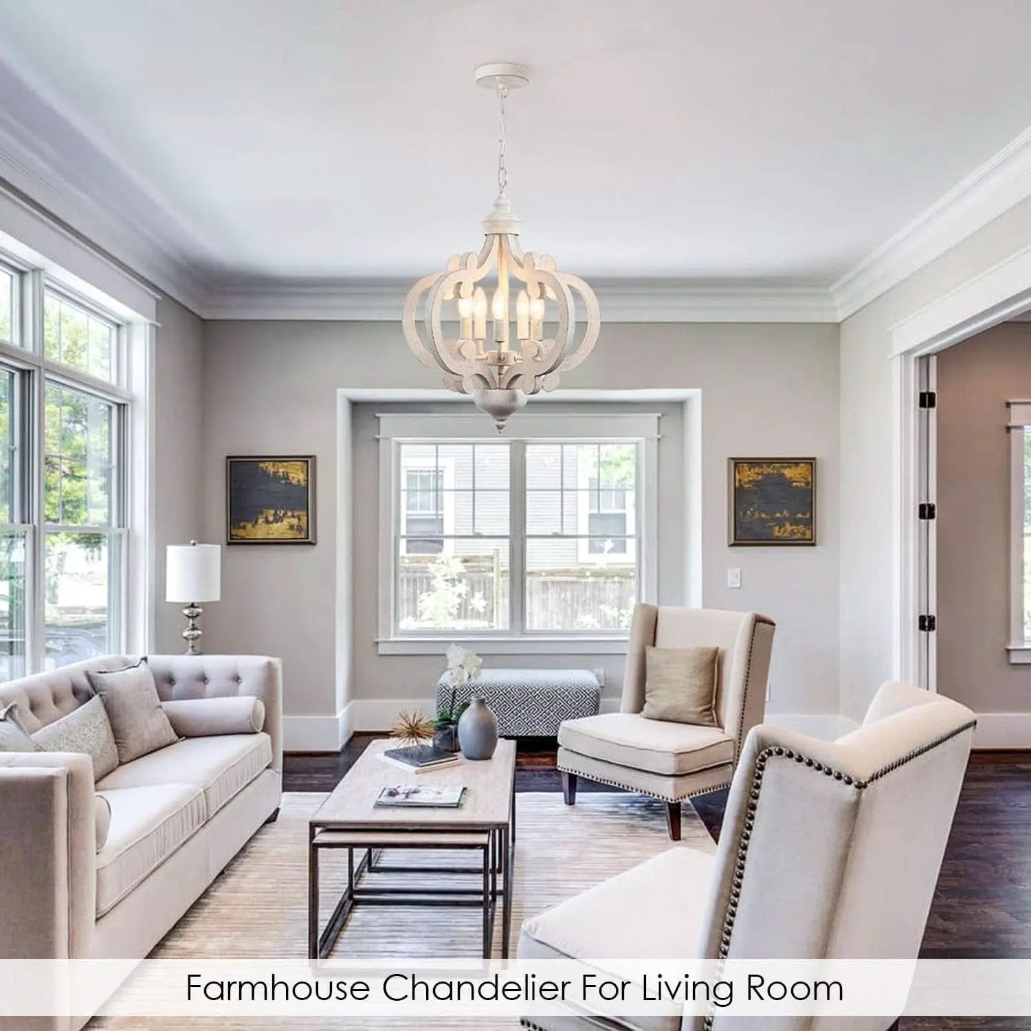 Wooden Farmhouse Chandelier Distressed White Five Lights from PriceLows™