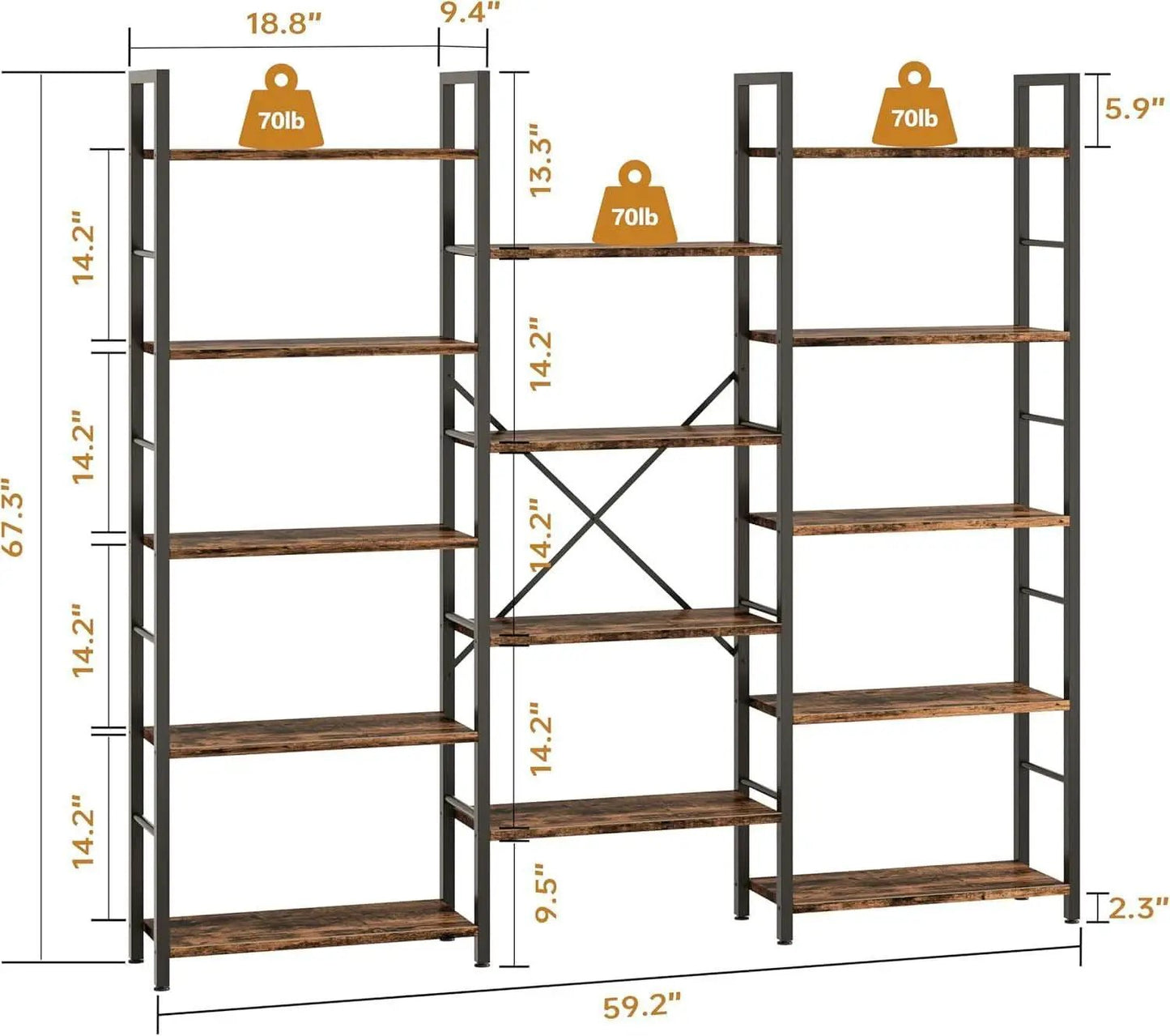 Rustic Brown Large Five Tier Bookshelf With Steel Frame from PriceLows™