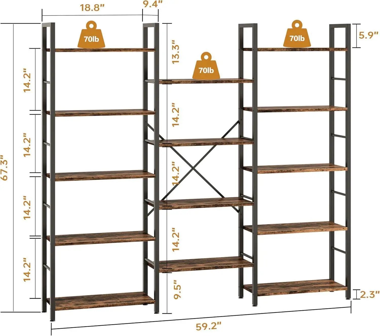 Rustic Brown Large Five Tier Bookshelf With Steel Frame from PriceLows™