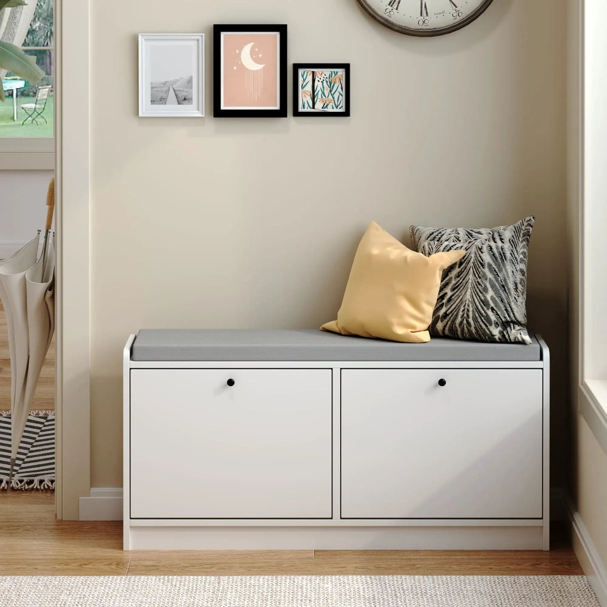 Shoe Storage Bench | Cushioned Seat | Adjustable Shelves | White