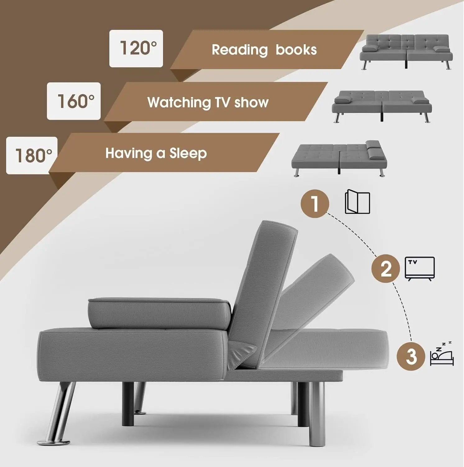 Grey Futon Sofa Bed With Adjustable Back And Cup Holders from PriceLows™