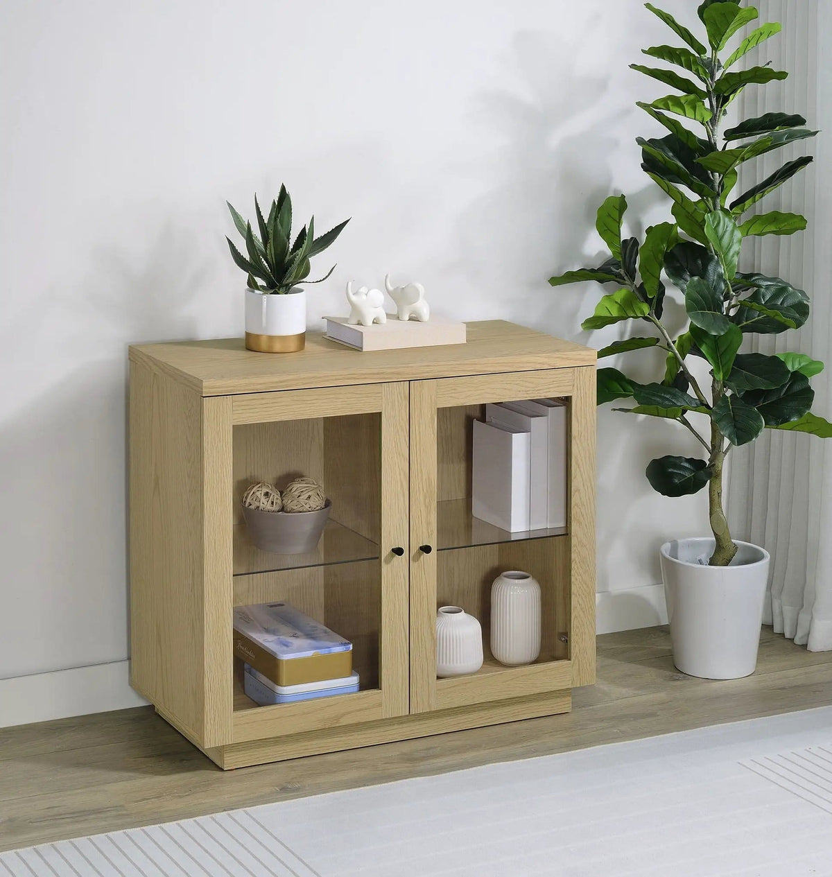 Tilbury 2-door Glass Front Accent Display Cabinet | 35.5 x 15.5 x 31.75 in | Tempered Glass & Wood | Light Oak