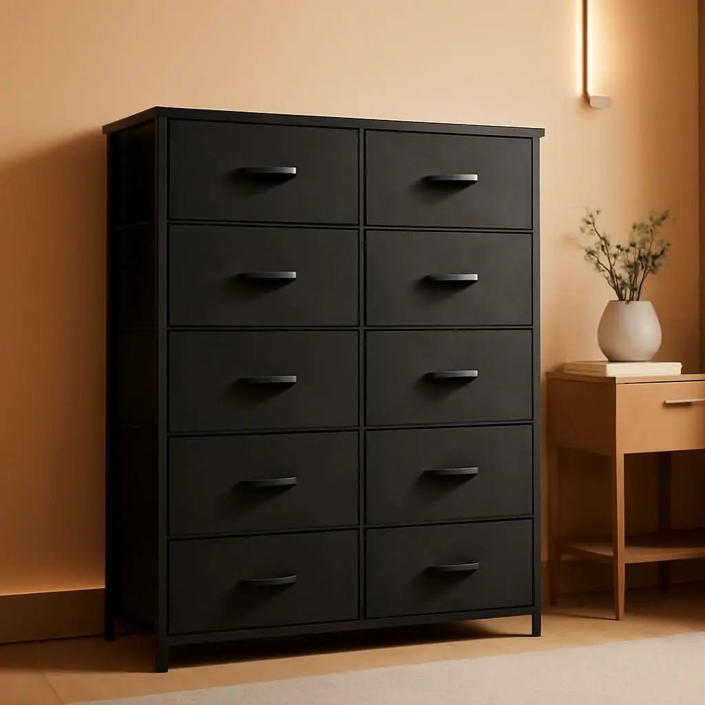 Tall Black Dresser With 10 Drawers And Fabric Bins Storage Organizer from PriceLows™