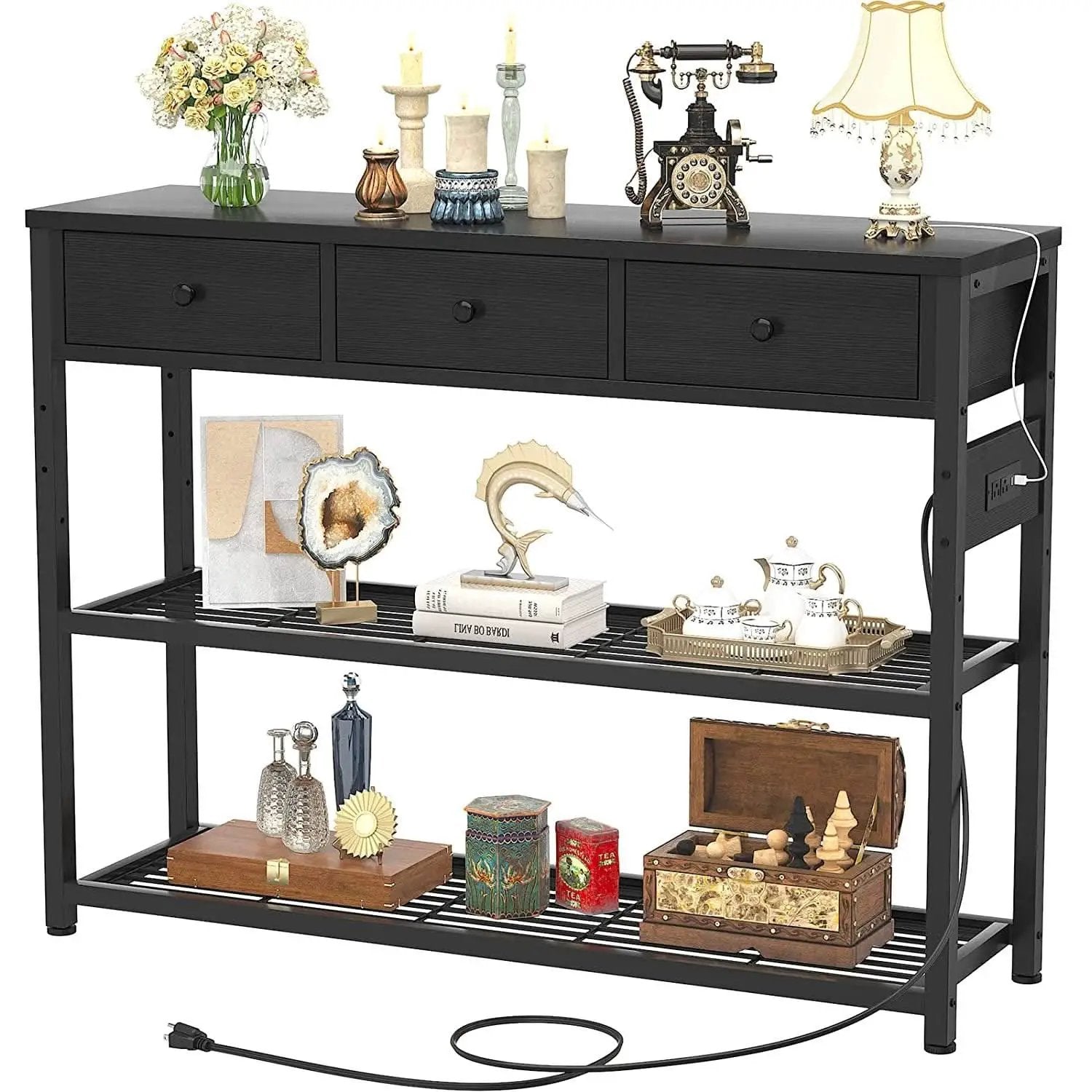 Black Console Table With USB Ports And Outlets For Living Room from PriceLows™
