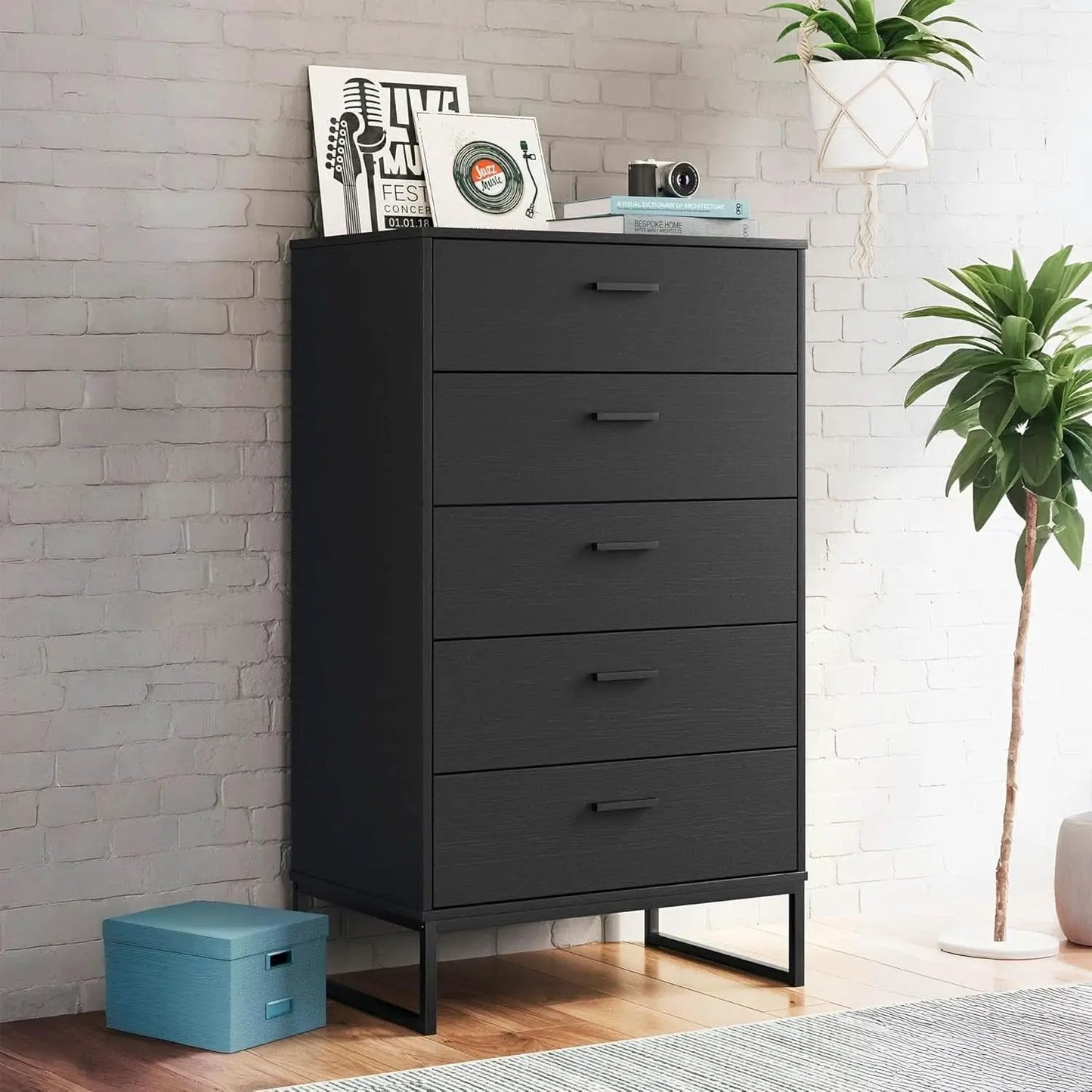Modern 5-Drawer Chest with Safety Stop, Black Finish for Bedroom from PriceLows™
