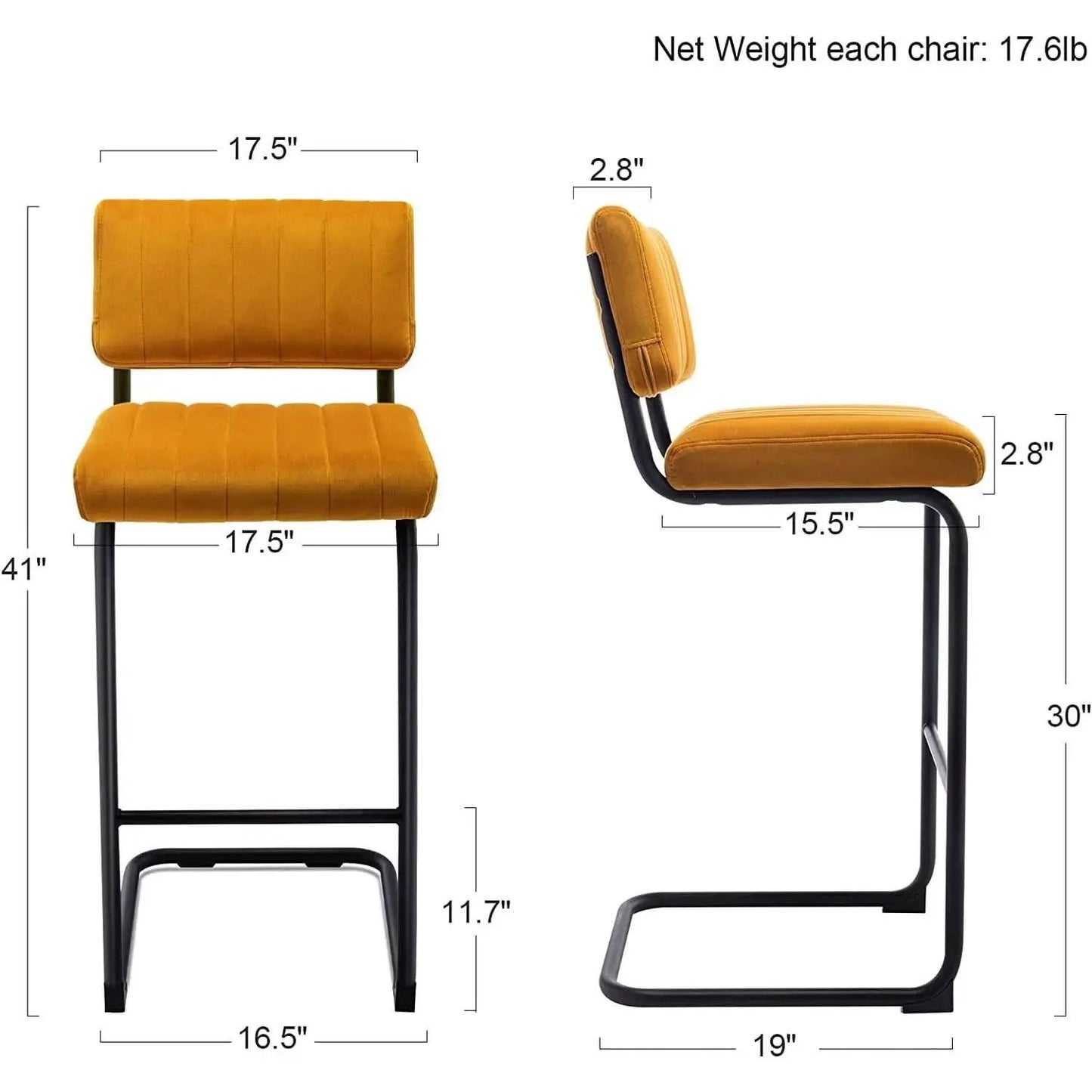 Velvet Bar Height Stools Orange Cantilever Set of 2 from PriceLows™