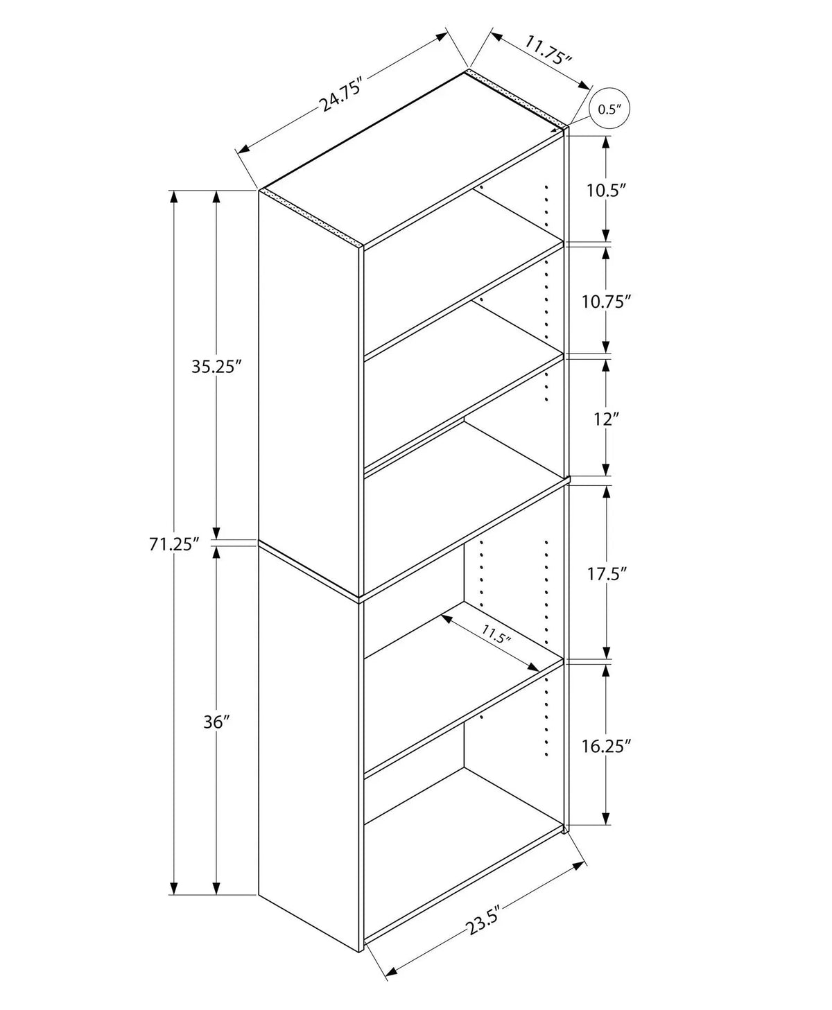 6 Tier Bookshelf | Transitional Style | 3 Adjustable Shelves | 71.25 Inch Height