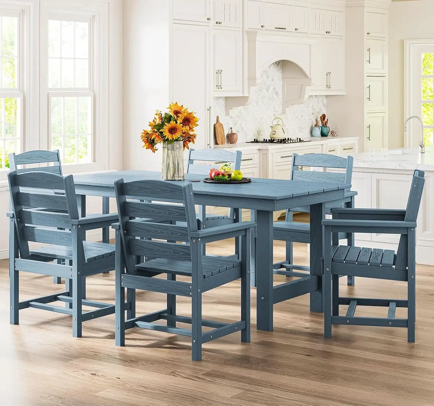 7 Piece Patio Dining Set Outdoor HDPE Table Blue Chairs from PriceLows™