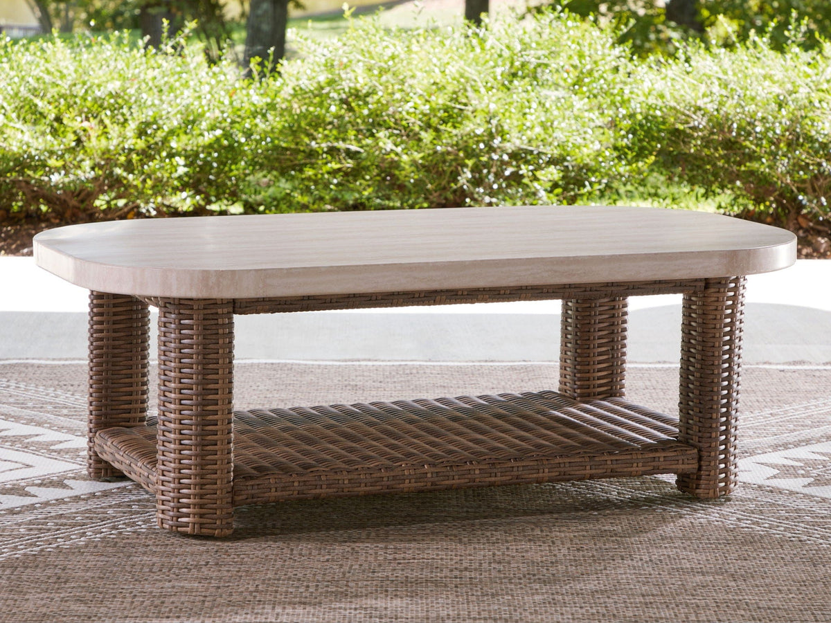 Dolan Creek Rectangular Cocktail Table | 50 x 30 x 17.75 in | Wicker & Stainless Steel | Beige / Brown