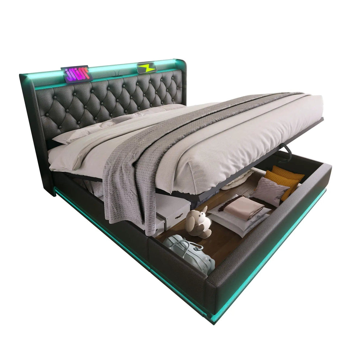 Upholstered Bed, 360 Surround LED Function, Remote Control, Hydraulic Storage Bed | 8 Pieces | Fabric & Iron | Bedroom