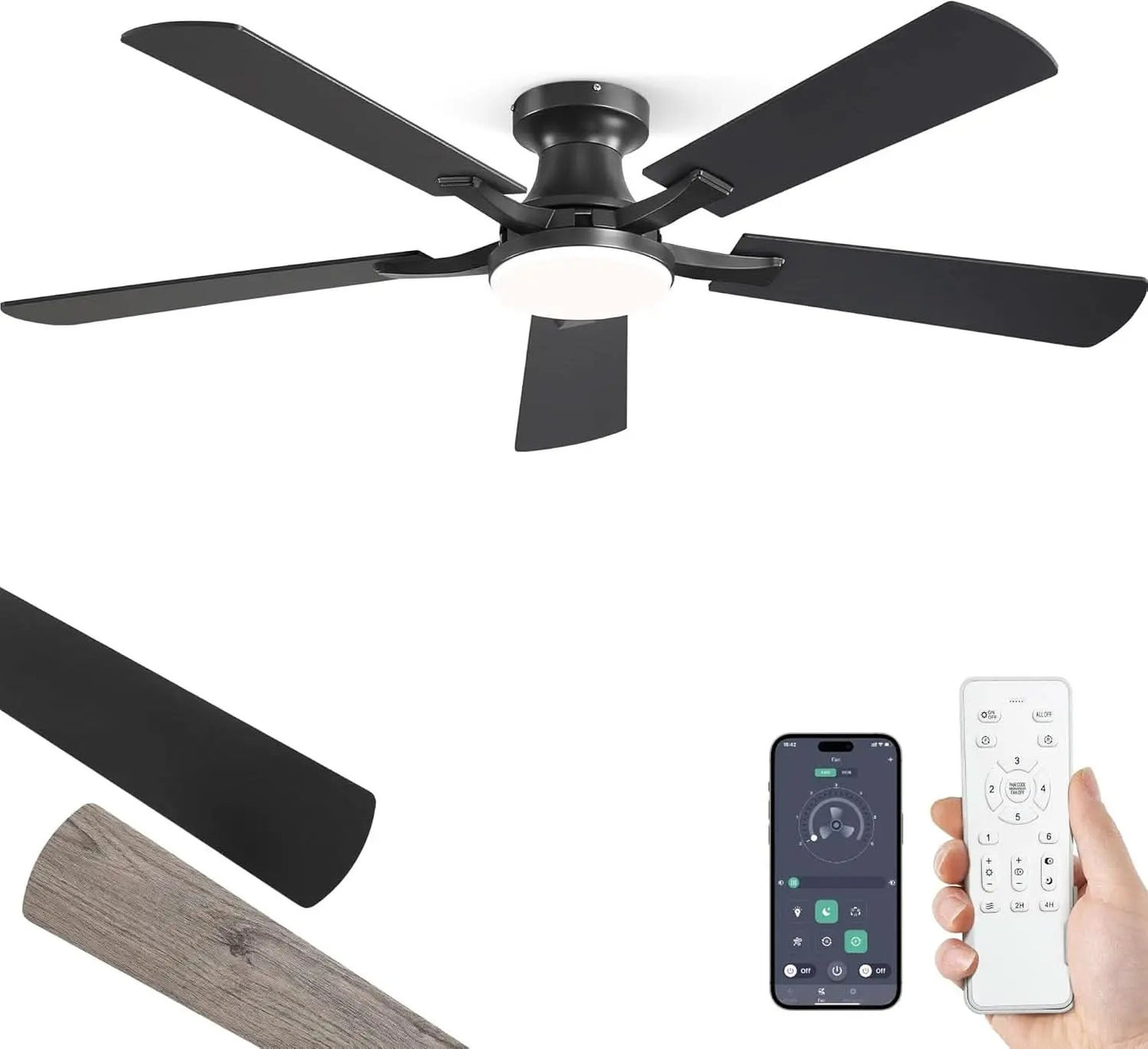 52 Inch Matte Black Ceiling Fan With Dimmable LED Light from PriceLows™