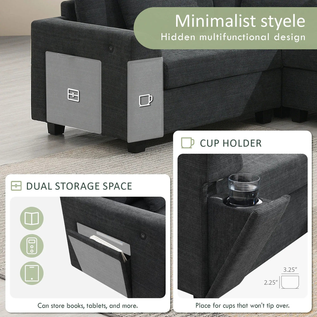 U Shape Sectional Sofa | 6 Seat | USB Charging | With Ottoman